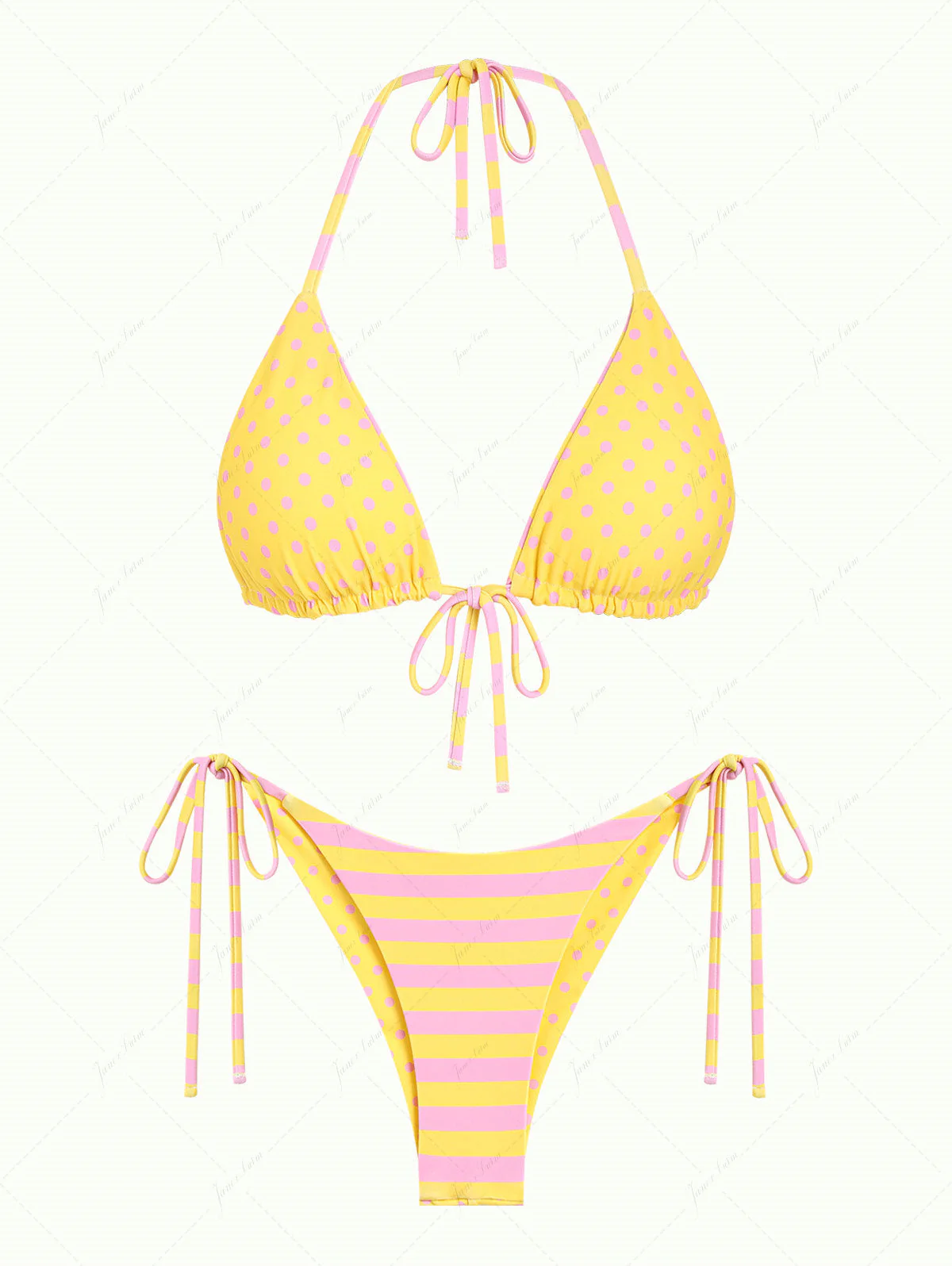 Wendbares Bikini-Set aus gelb gestreiftem Triangel-Top mit Polka-Dots und frechem brasilianischem Höschen - Image 2