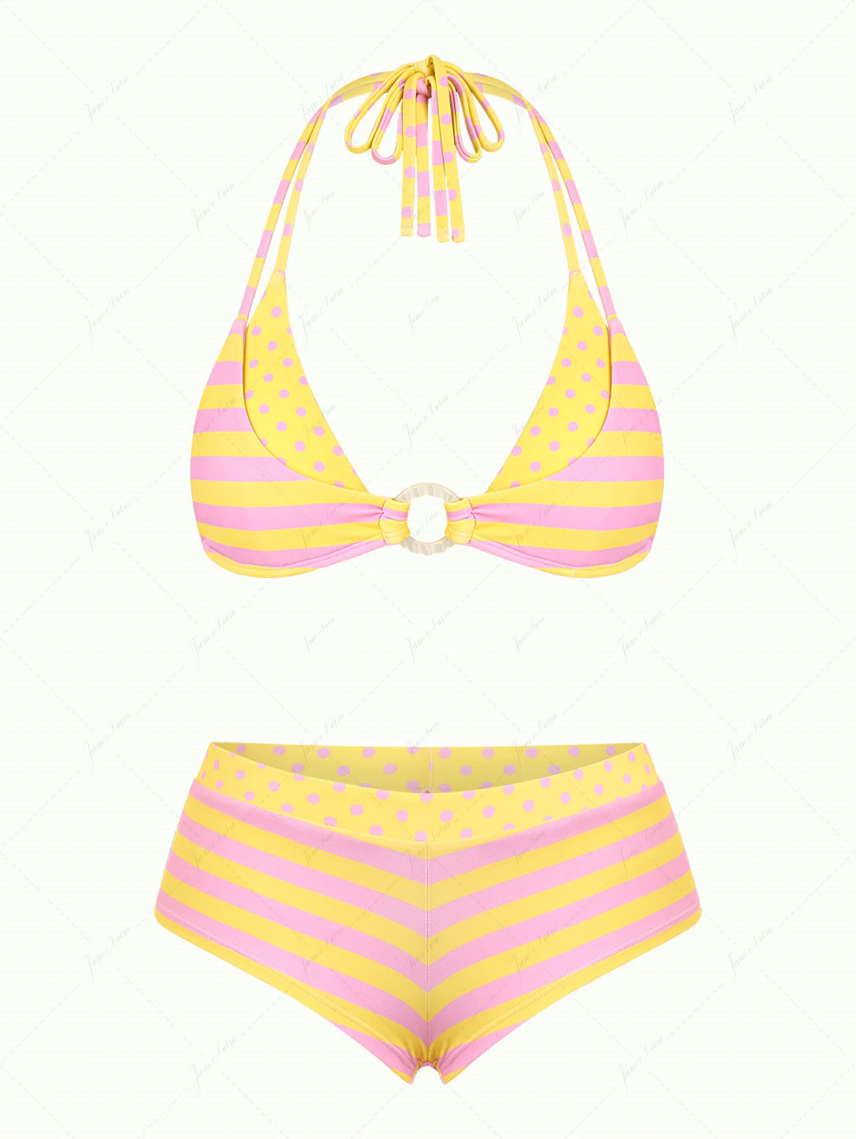 Gelb gestreiftes Bikini-Set mit Polka-Dots, O-Ring-Oberteil, doppellagigem Oberteil und frechen Boyshorts
