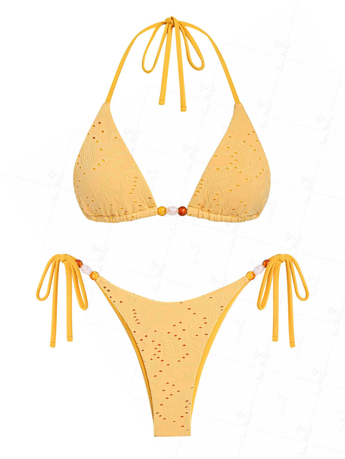 Seamolly Vintage-Bikiniset mit Spitzenösen und Jacquard-Perlendesign, Neckholder, Triangel-Bikiniset mit seitlicher Schnürung