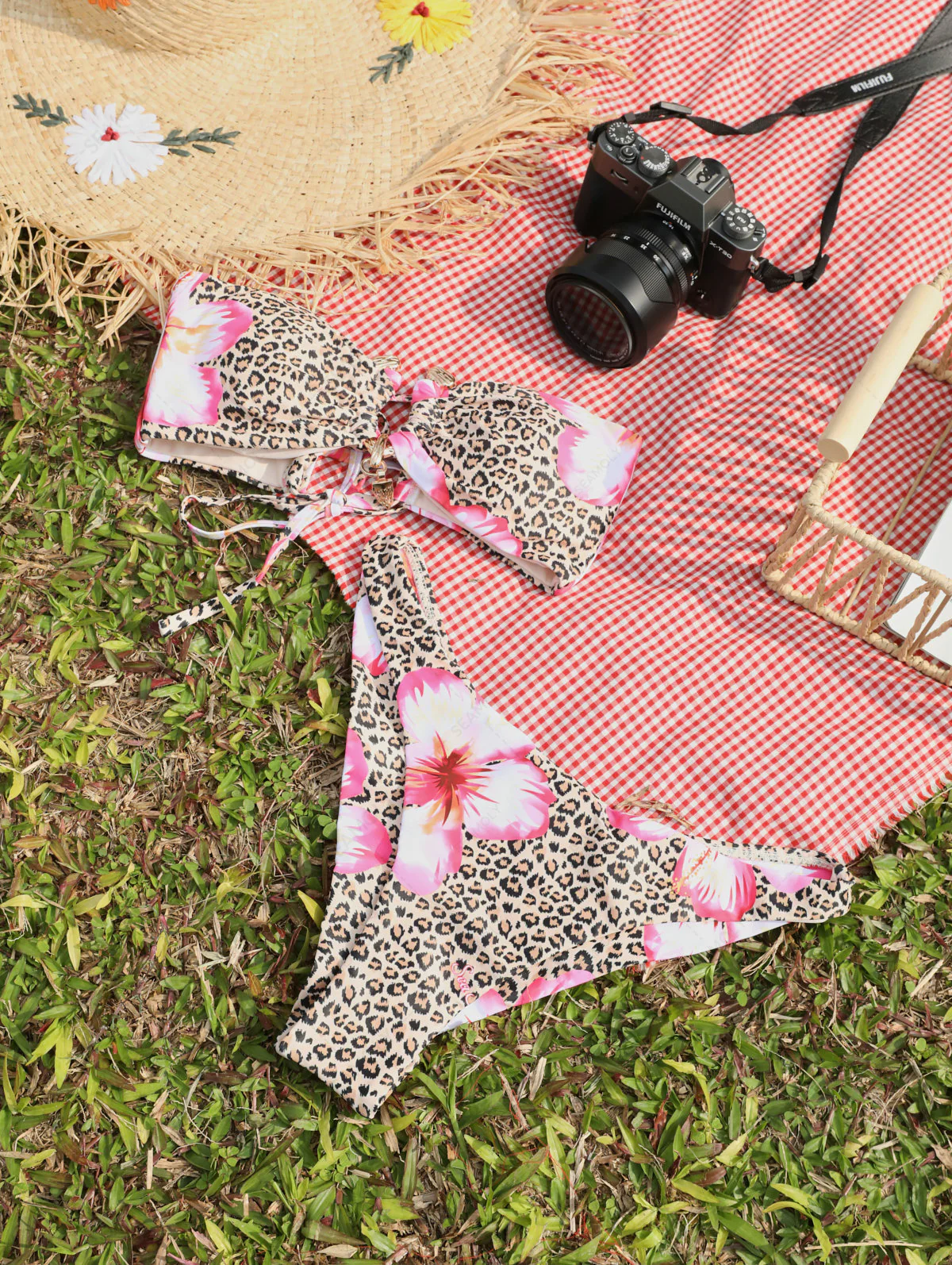 Seamolly Leopard Hawaii Style Floral Print Bandeau Top & Cheeky Brazilian Bikini Set - Image 3