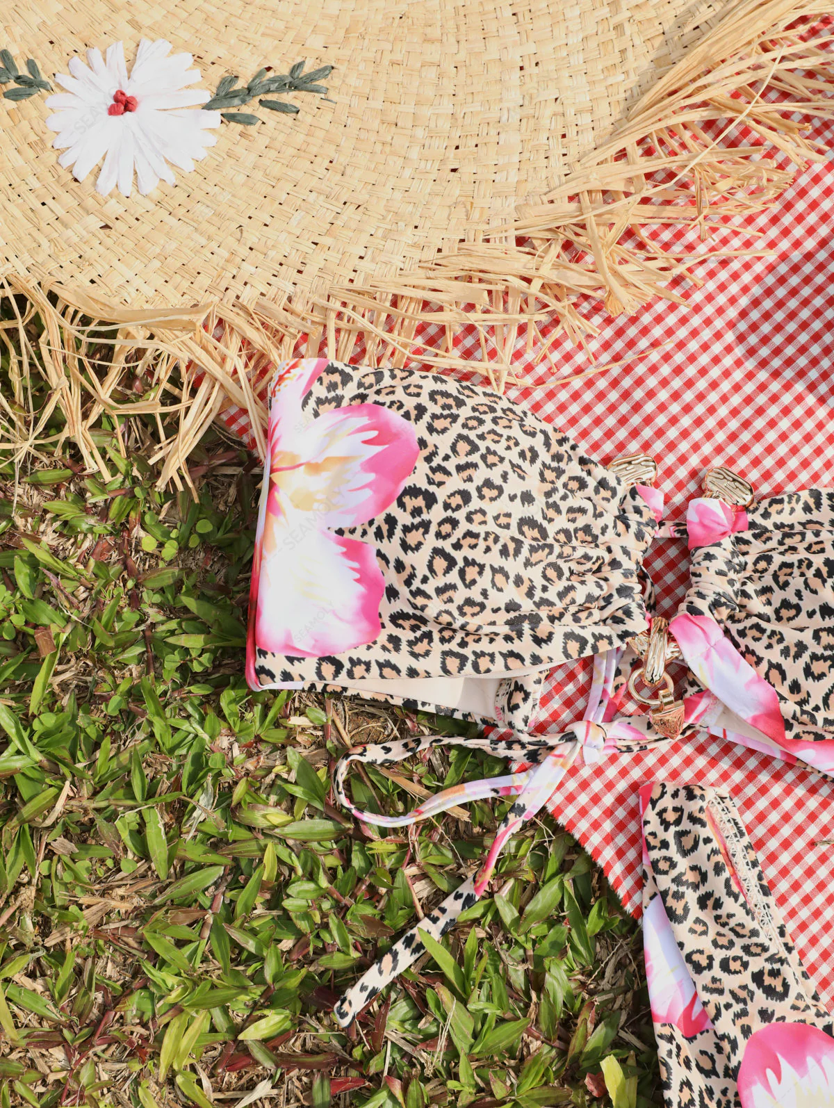 Seamolly Leopard Hawaii Style Floral Print Bandeau Top & Cheeky Brazilian Bikini Set - Image 4