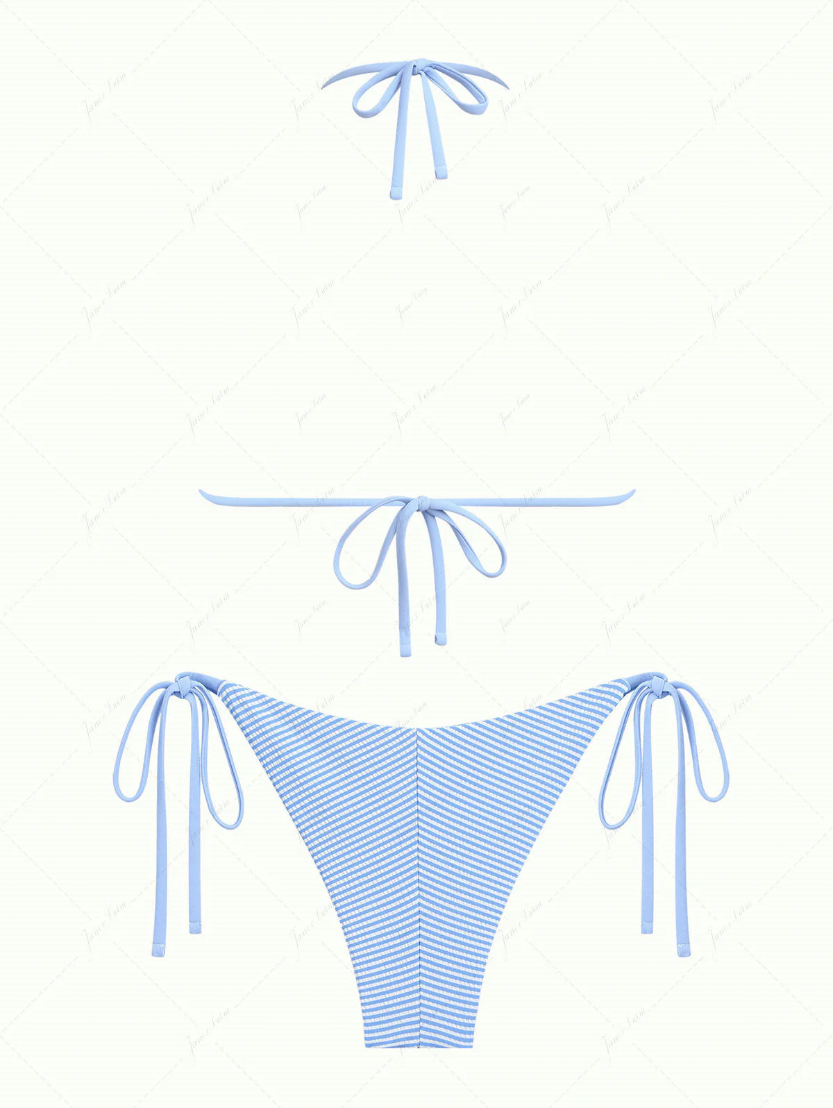 Light Blue Striped Lace Bowknot Halter Triangle Top & Cheeky Brazilian Bottom Bikini Set - Image 11