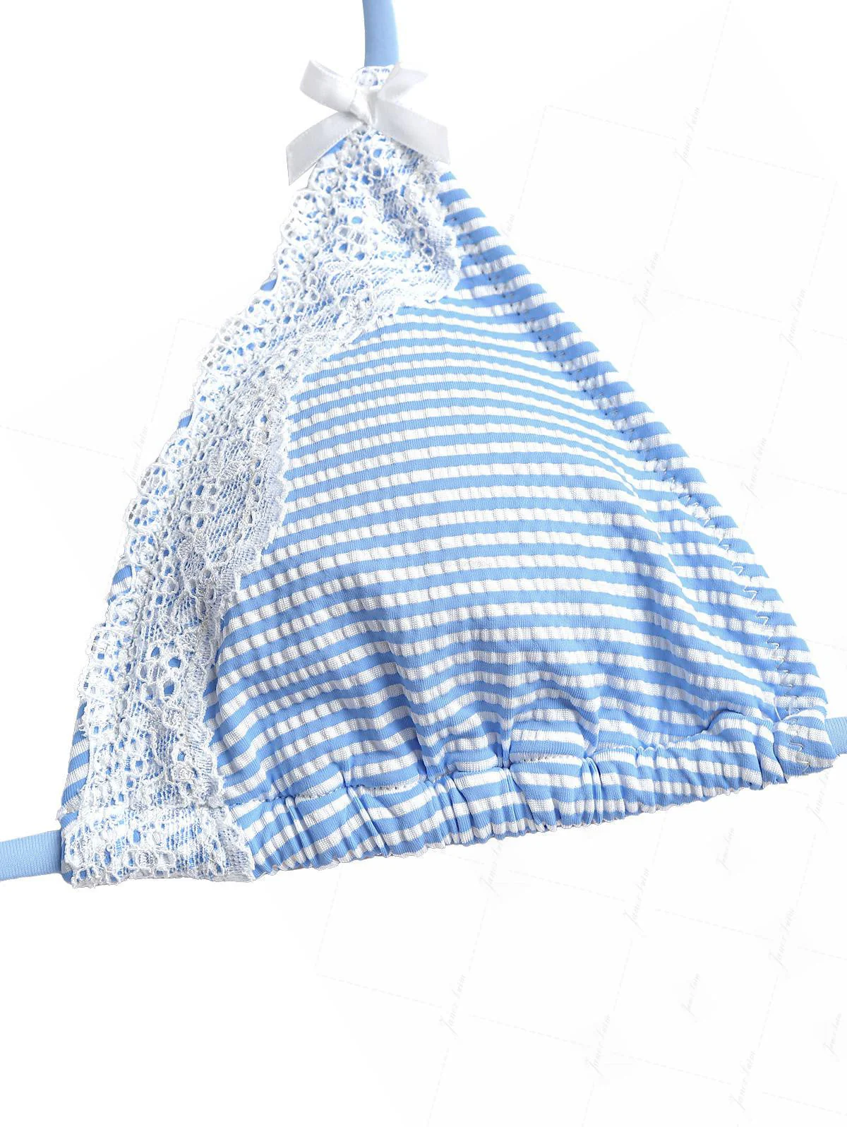 Light Blue Striped Lace Bowknot Halter Triangle Top & Cheeky Brazilian Bottom Bikini Set - Image 12