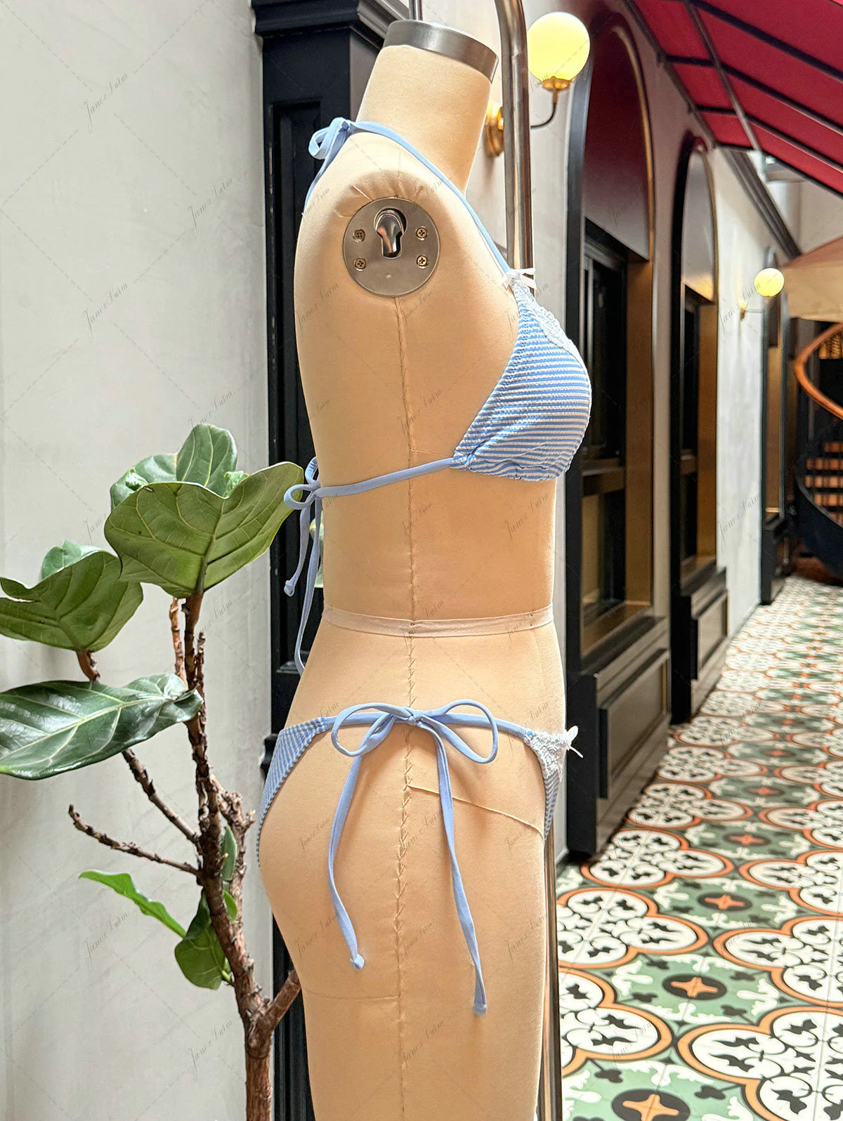 Light Blue Striped Lace Bowknot Halter Triangle Top & Cheeky Brazilian Bottom Bikini Set - Image 3