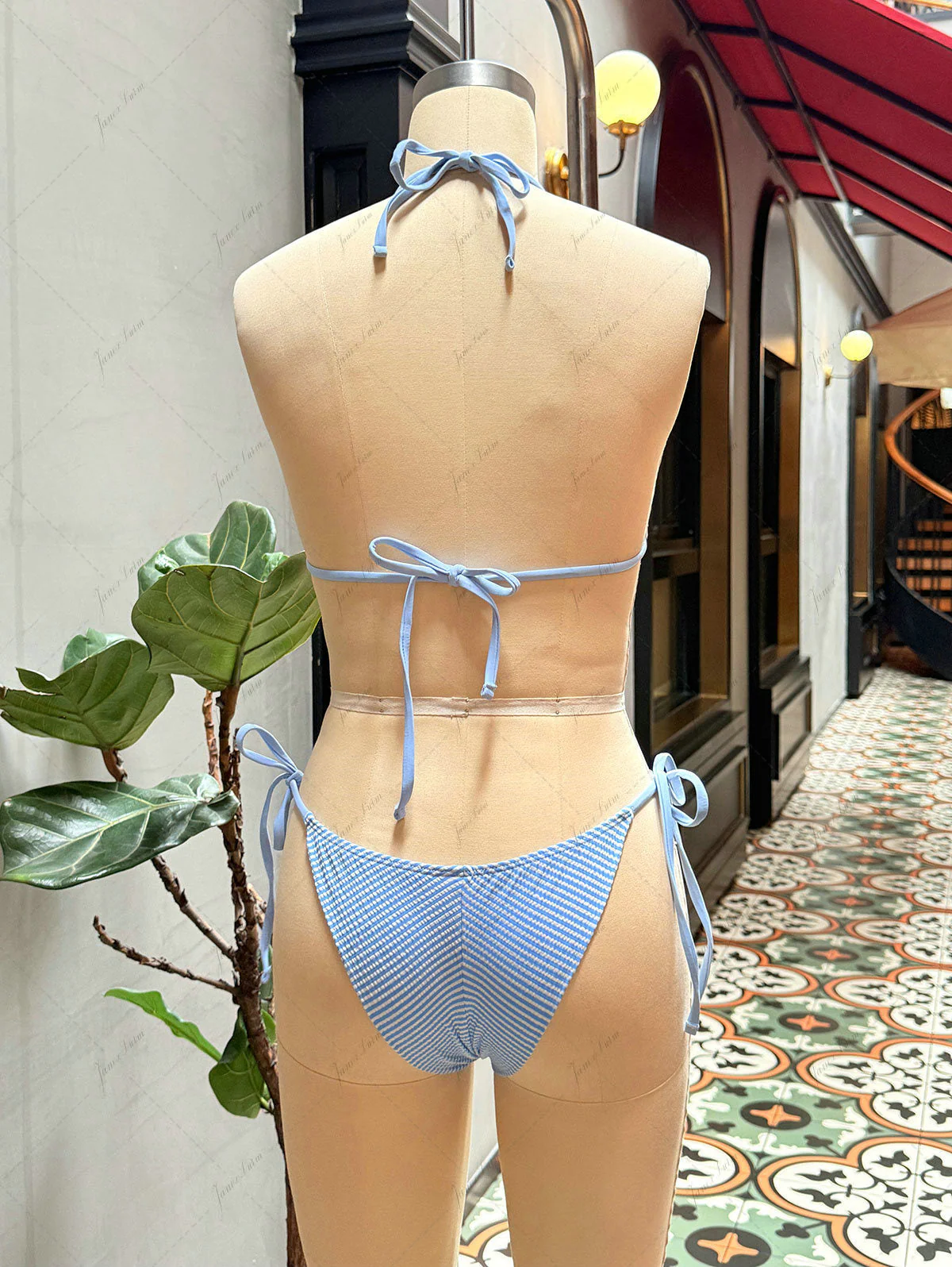 Light Blue Striped Lace Bowknot Halter Triangle Top & Cheeky Brazilian Bottom Bikini Set - Image 4