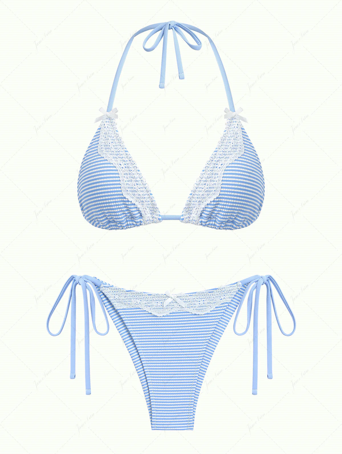 Light Blue Striped Lace Bowknot Halter Triangle Top & Cheeky Brazilian Bottom Bikini Set - Image 5
