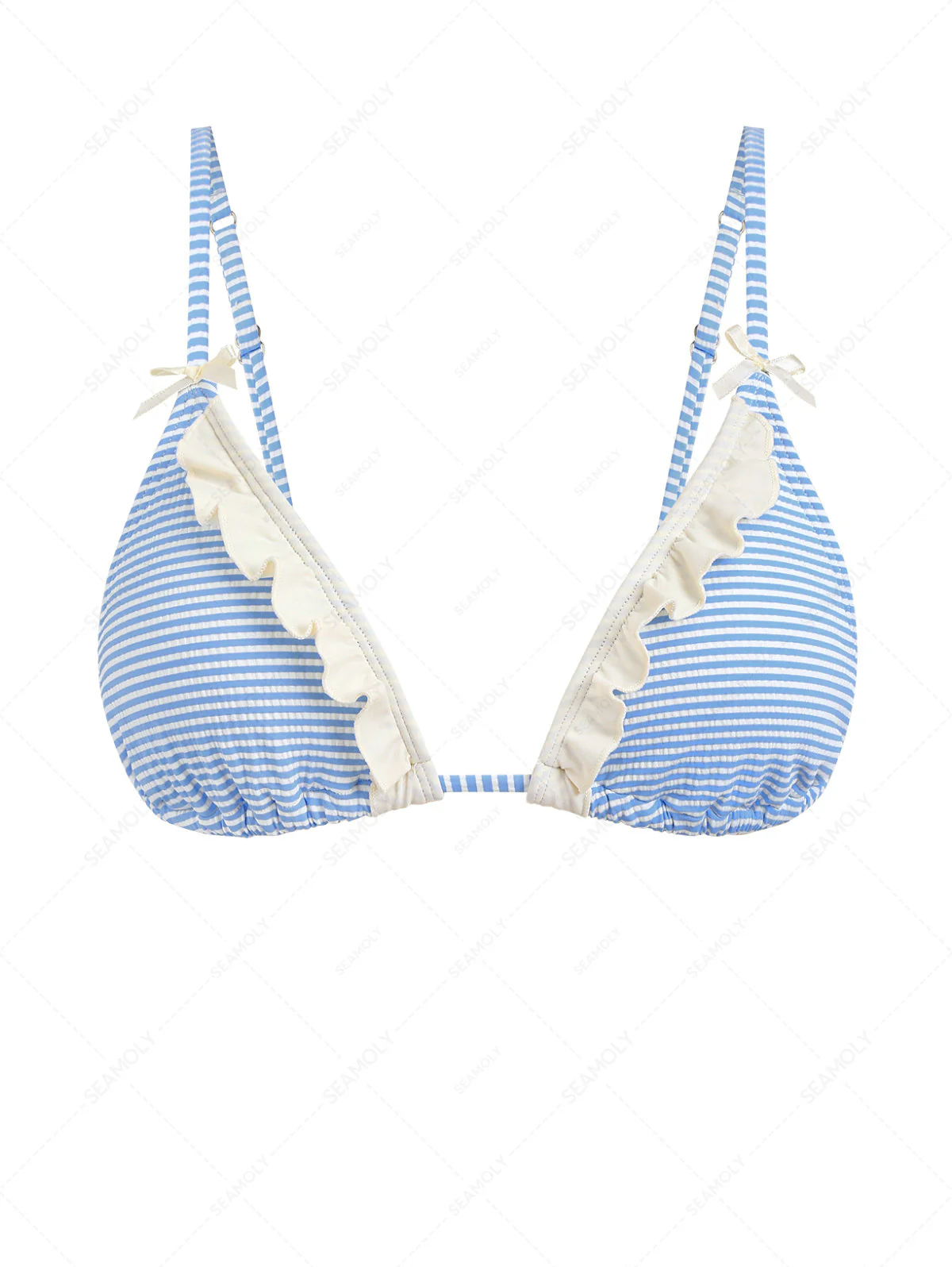 Hellblaues, gestreiftes Triangel-Bikinioberteil mit Rüschen und Schleife