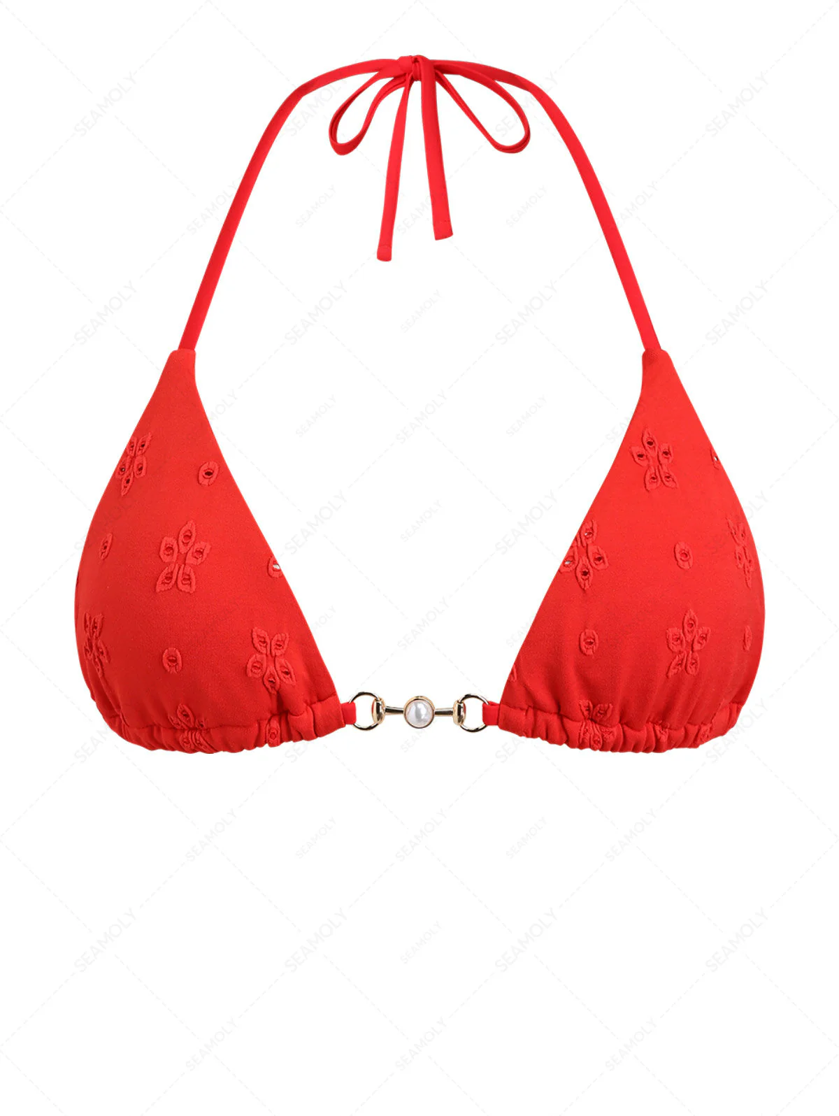 Rotes Neckholder-Triangel-Bikinioberteil aus recyceltem Jacquardstoff mit Kunstperlen