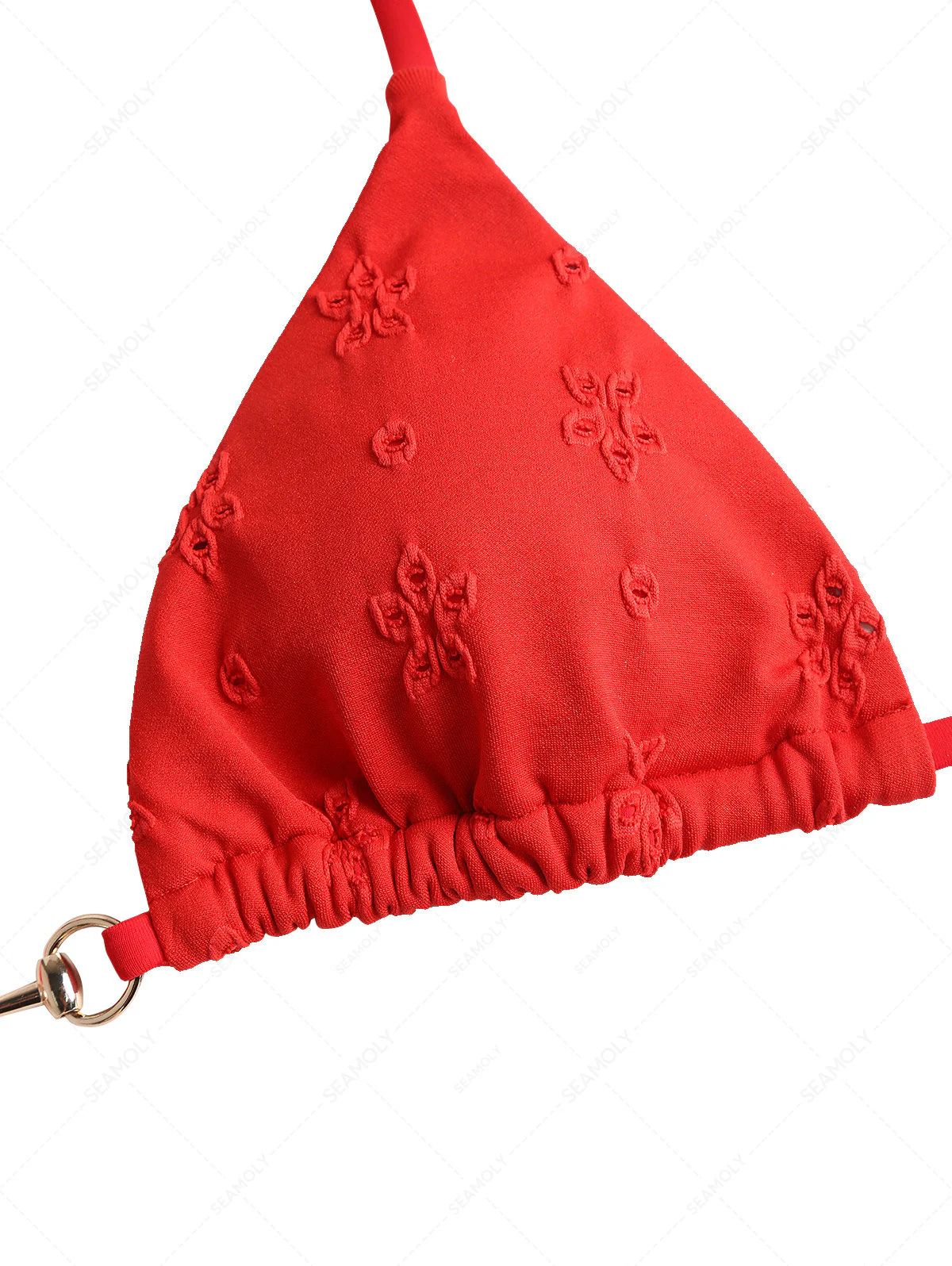 Rotes Neckholder-Triangel-Bikinioberteil aus recyceltem Jacquardstoff mit Kunstperlen - Image 8