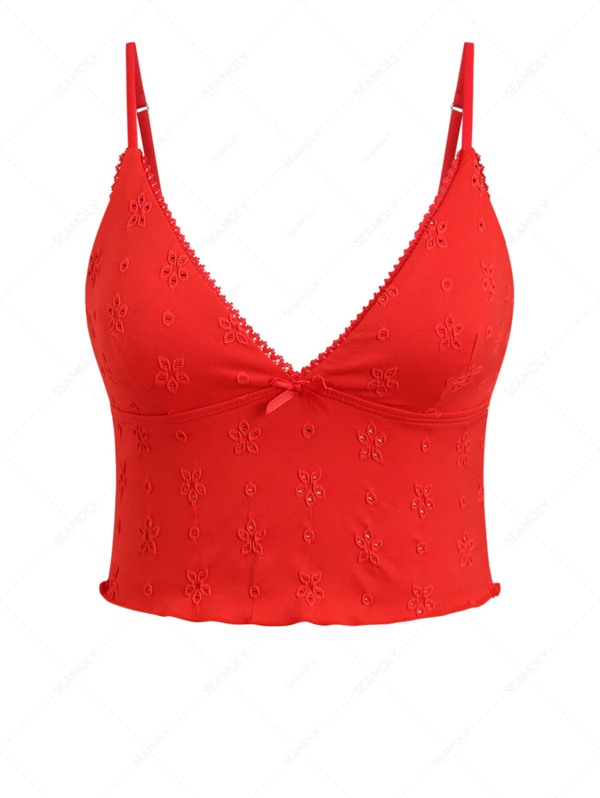 Rotes Bikini-Tankini-Oberteil aus recyceltem Stoff mit Jacquard-Spitze und Schleife