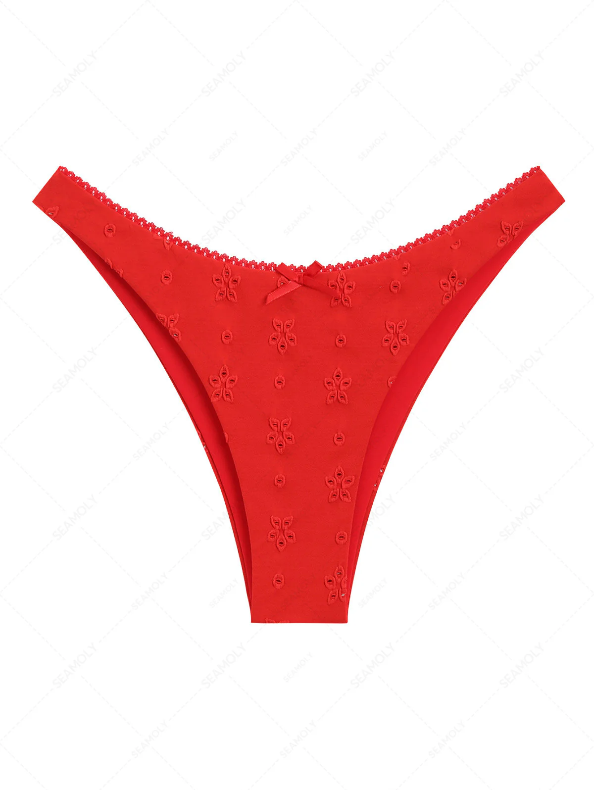 Rotes, freches Bikinihöschen aus recyceltem Jacquard-Spitzenstoff mit Schleife
