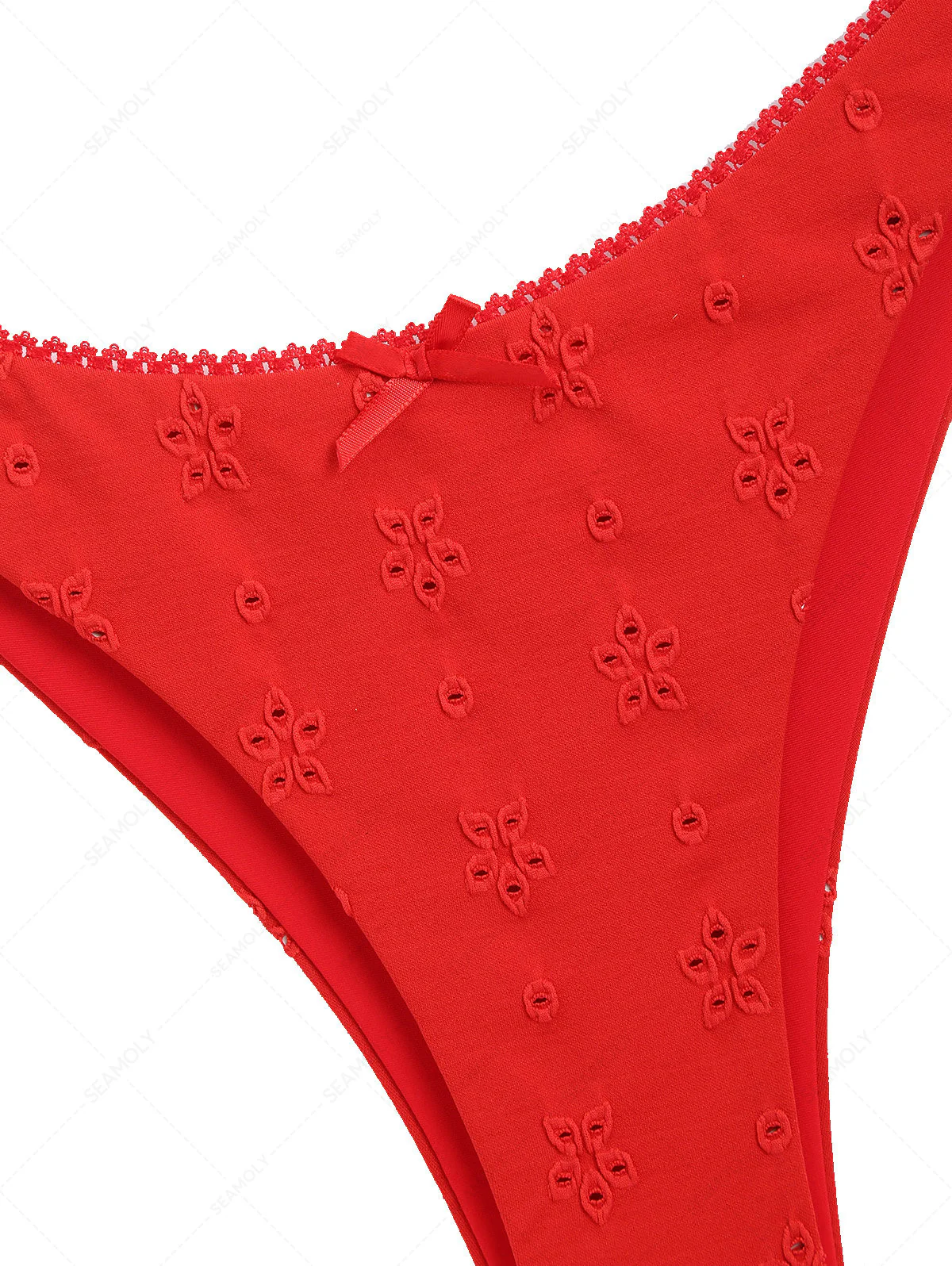Rotes, freches Bikinihöschen aus recyceltem Jacquard-Spitzenstoff mit Schleife - Image 7