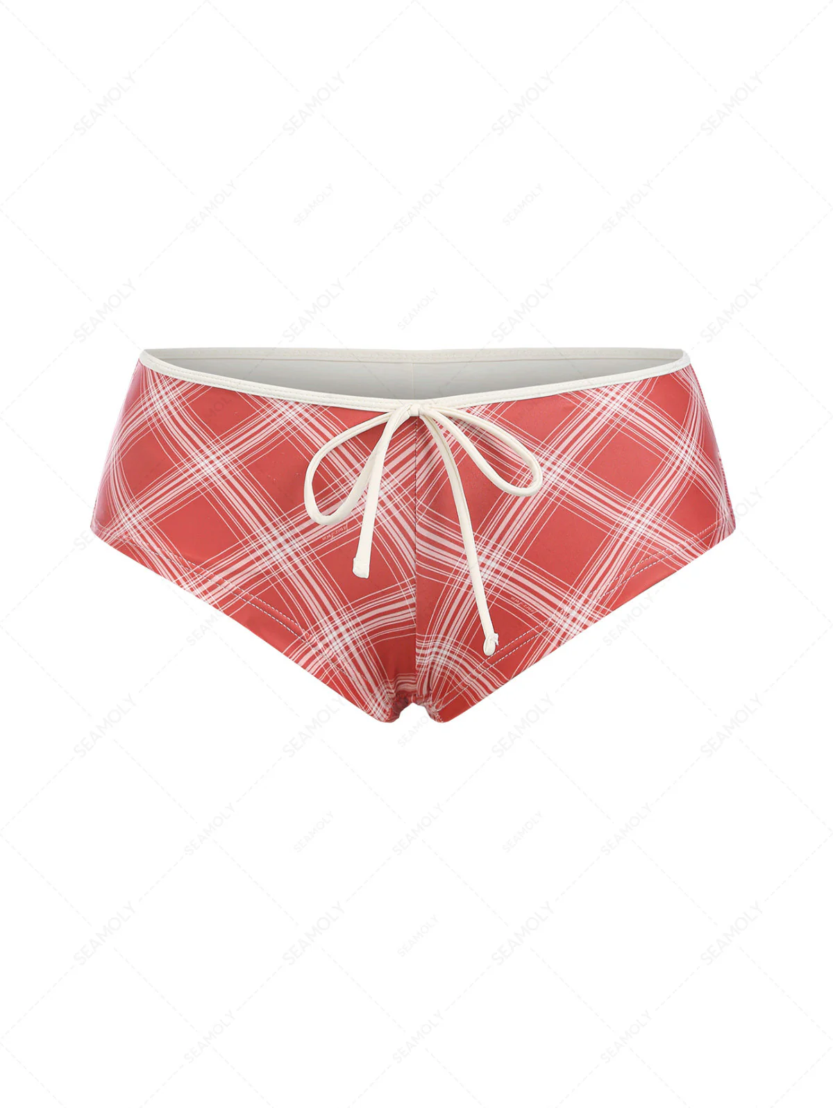 Rotes Vintage-Karo-Bikinihöschen mit Schleife, niedrigem Bund, frecher Bade-Boyshorts - Image 2