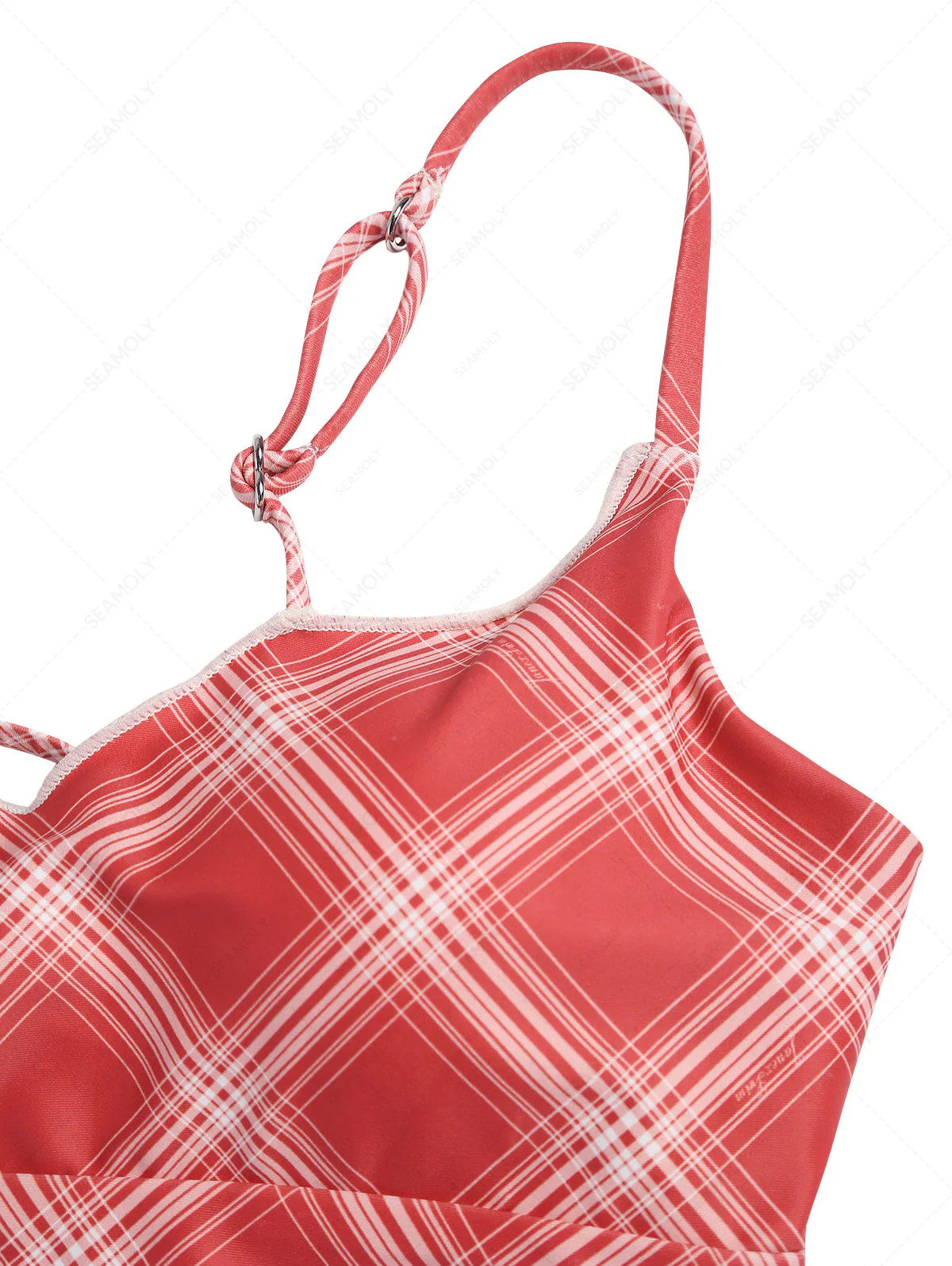 Rotes Vintage-Bikini-Tankini-Oberteil mit Karomuster und gerafftem Saum - Image 14