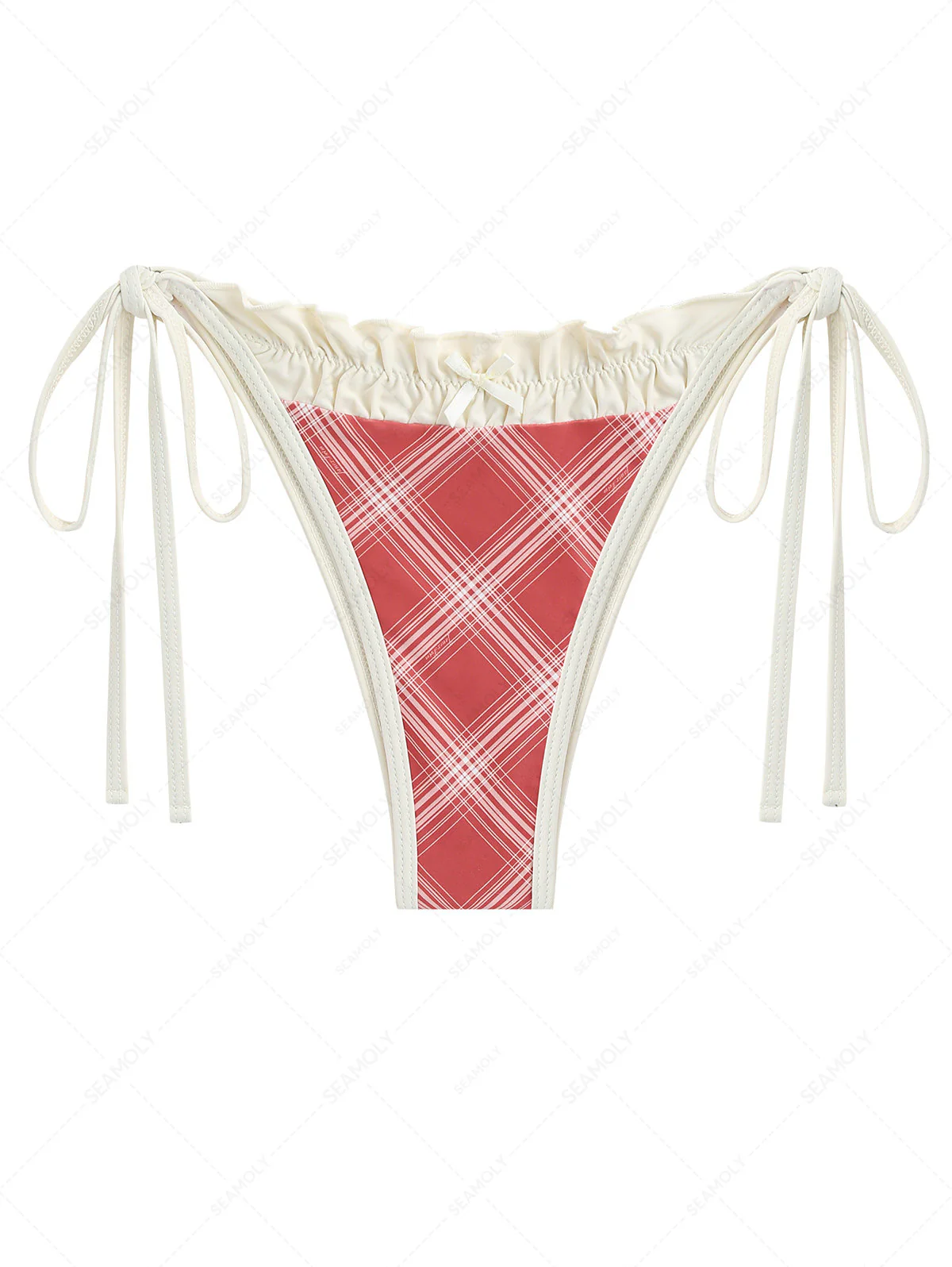Rotes Vintage-Bikinioberteil mit Karomuster, Rüschen und Schleife zum Binden an der Seite - Image 2