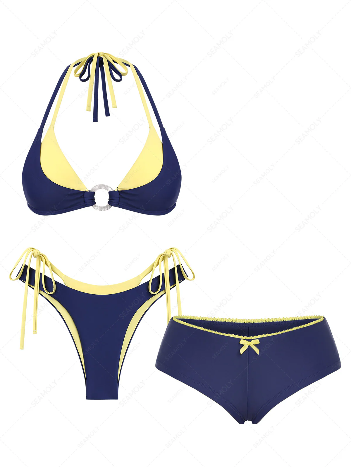 Seamolly 3-teiliges Colorblock-Bikini-Set mit zweifarbigen O-Ringen, doppellagigem Schnitt und frechem Boyshort-Design