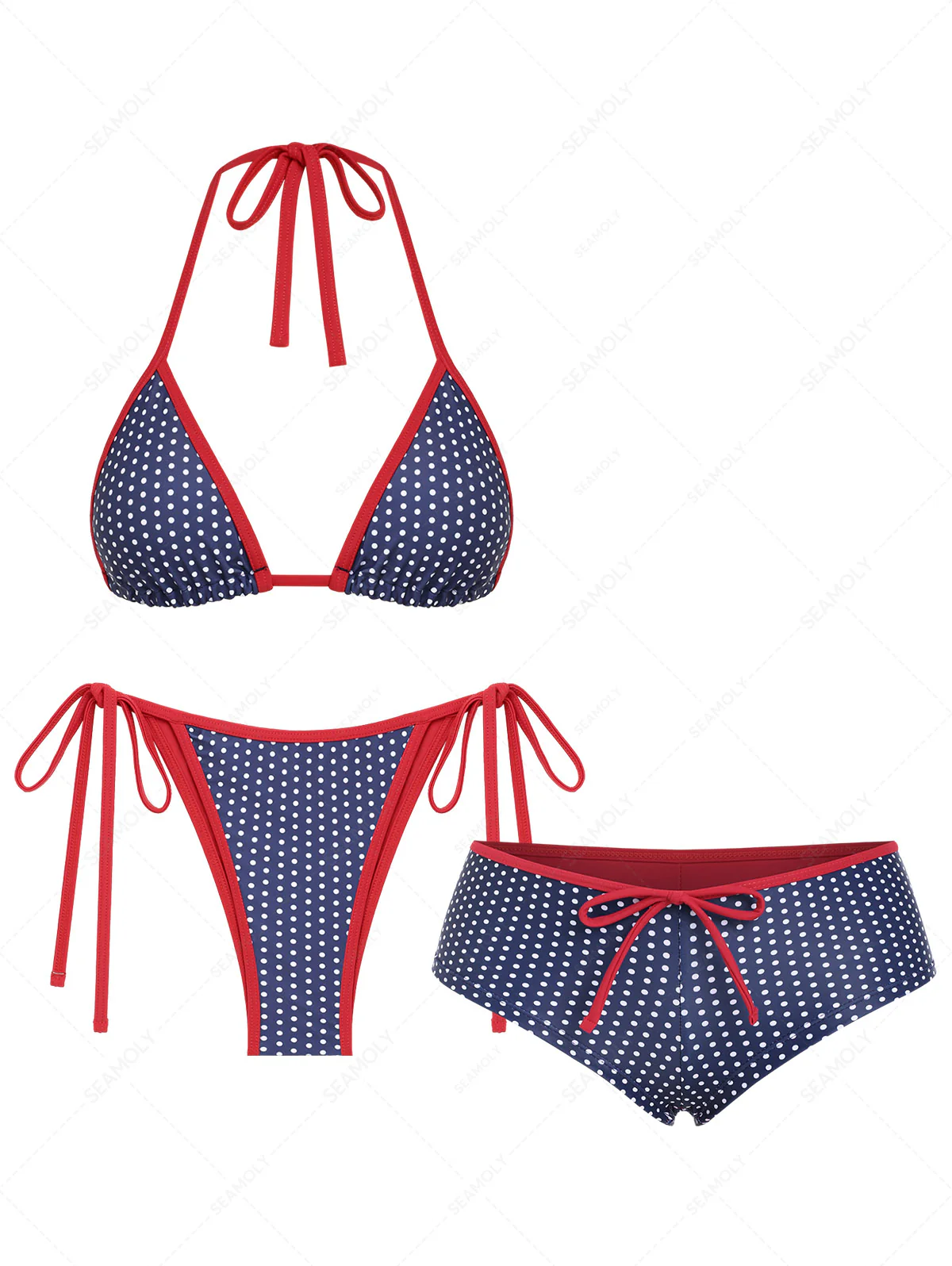 Seamolly 3-teiliges Bikini-Set mit kontrastfarbenem Einfassband, Polka-Dots, Triangel-Schnitt und frechem Boyshort-Ausschnitt für den 4. Juli