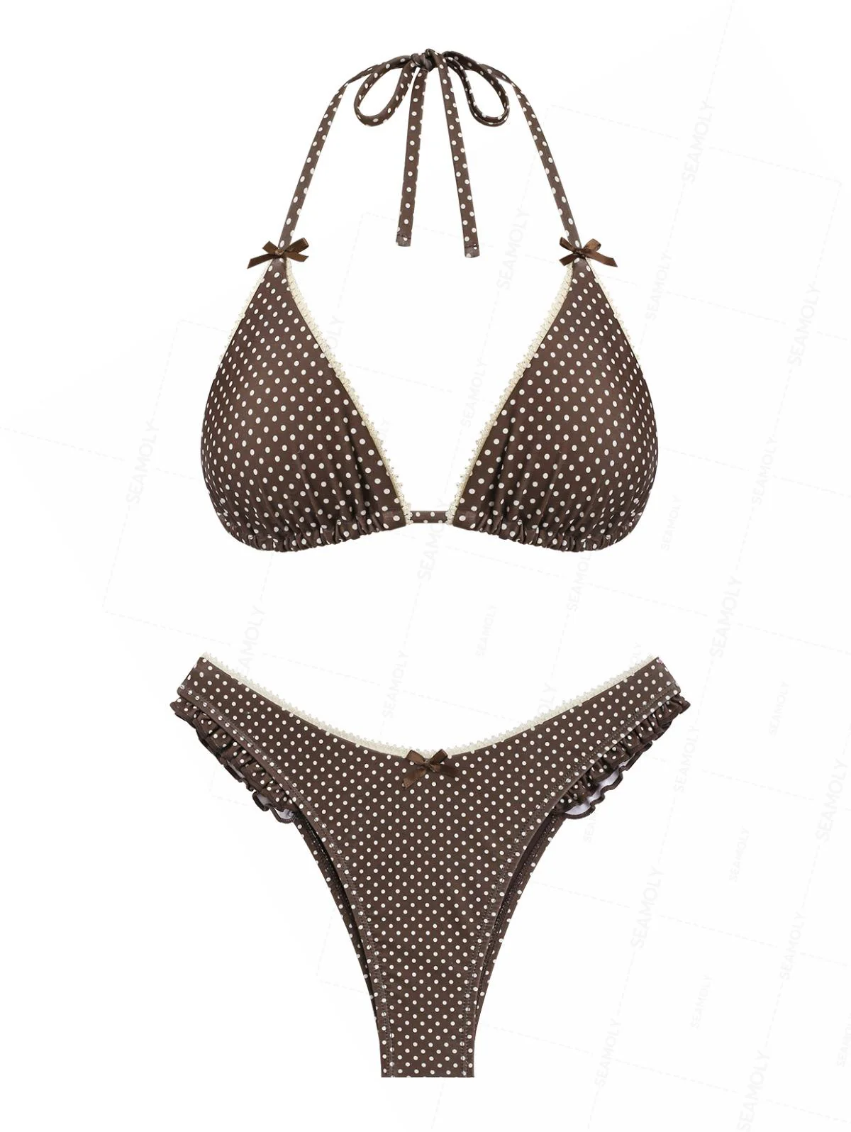 Seamolly Neckholder-Triangel-Bikini-Set mit Polka Dots, Spitze, Schleife, Rüschenbesatz