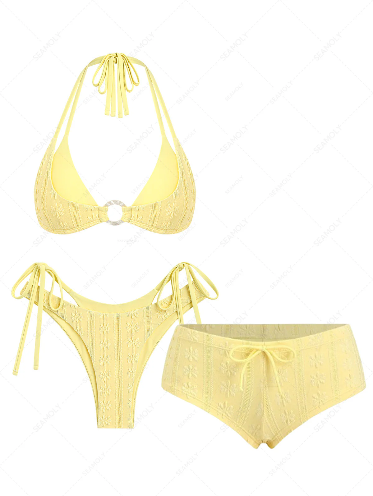 Seamolly 3 Piece Floral Jacquard Textured O Ring Double Layer Cheeky Boyshort Bikini Set