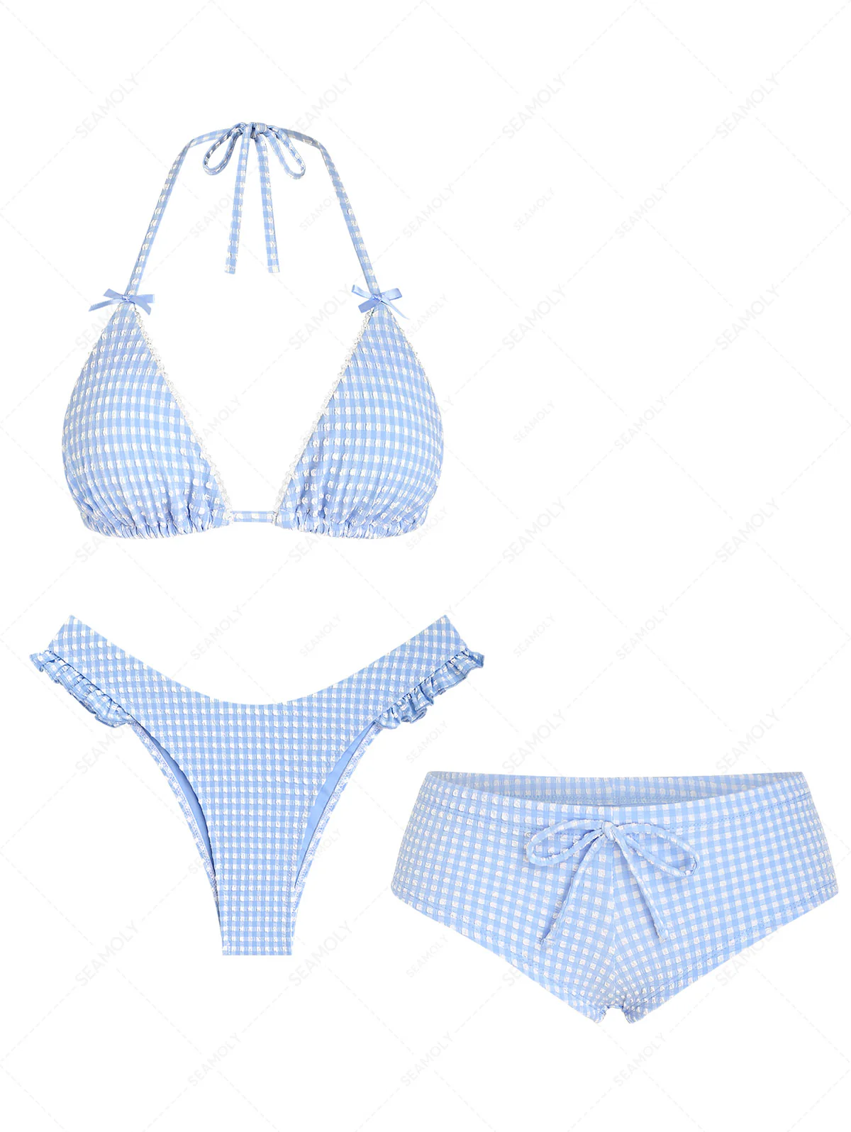 Seamolly 3-teiliges Bikini-Set mit Vichy-Karo, Spitze, Schleife, Rüschen, Triangel-Schnitt und frechem Boyshort-Ausschnitt