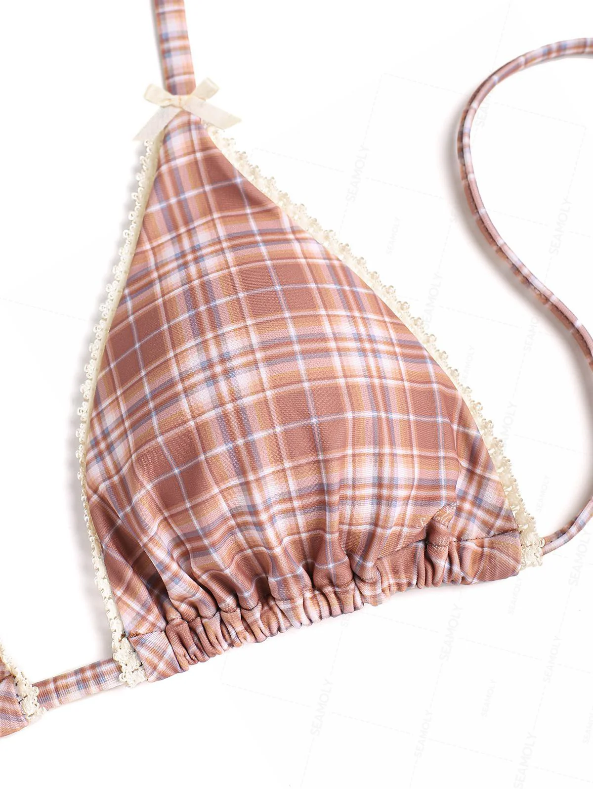 Seamolly Gingham-Bikini-Set mit Spitzenbesatz, Schleife, Dekor, Neckholder, Dreieck, seitlich gebunden - Image 11