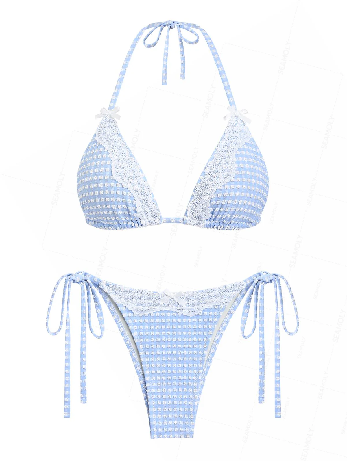 Seamolly Bikini-Set mit Vichy-Karo, strukturierter Spitze, Schleife, Neckholder, Dreiecksbindemöglichkeiten und seitlichen Bändern - Image 2