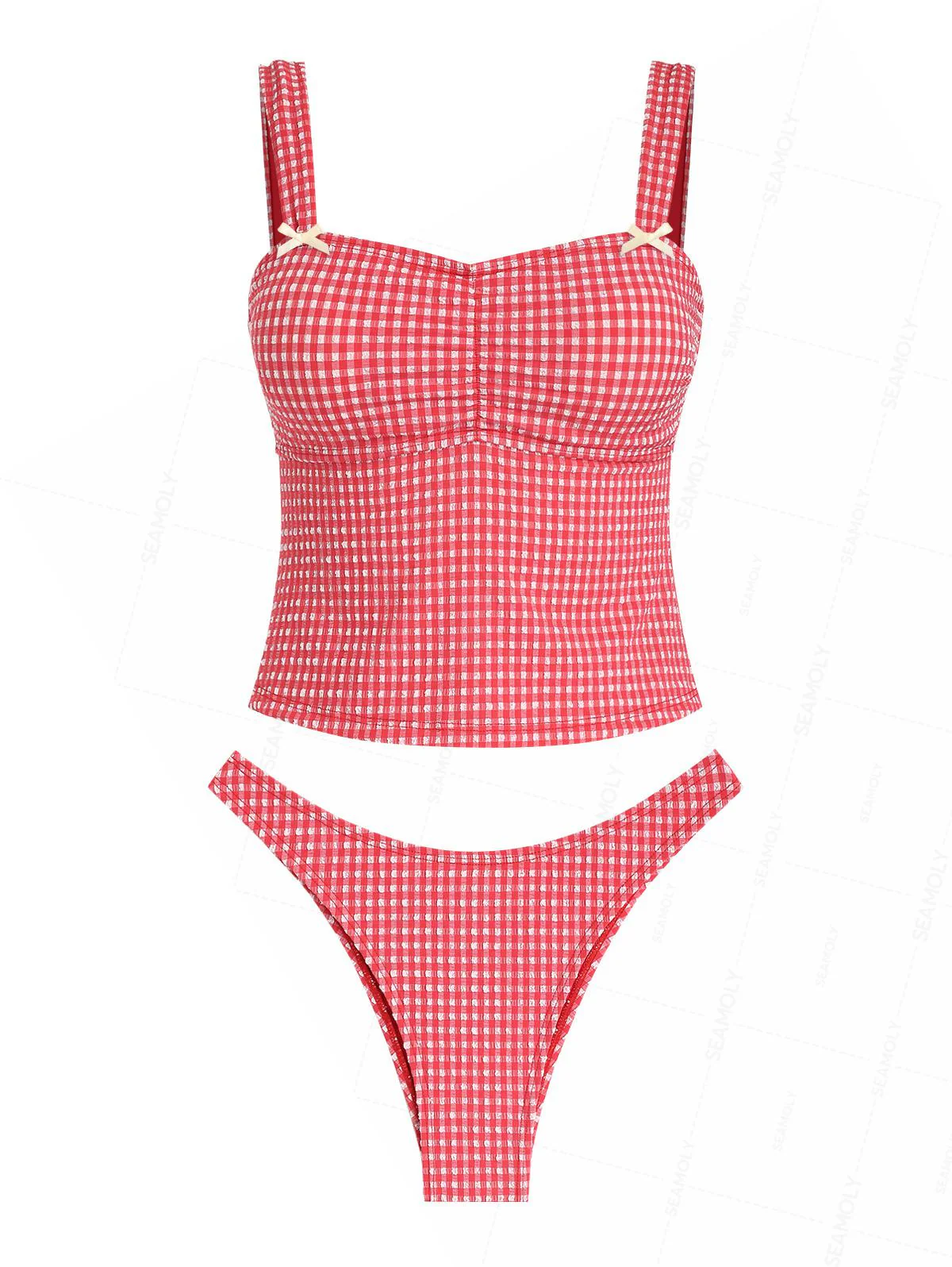Seamolly 3 Piece Gingham Textured Ruched Bowknot Cheeky Boyshort Tankini Set - Image 2