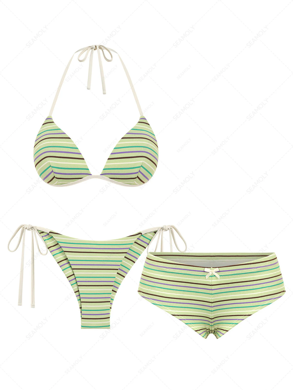 Seamolly 3 Piece Striped Triangle Push Up Brazilian Cheeky Boyshort Bikini Set