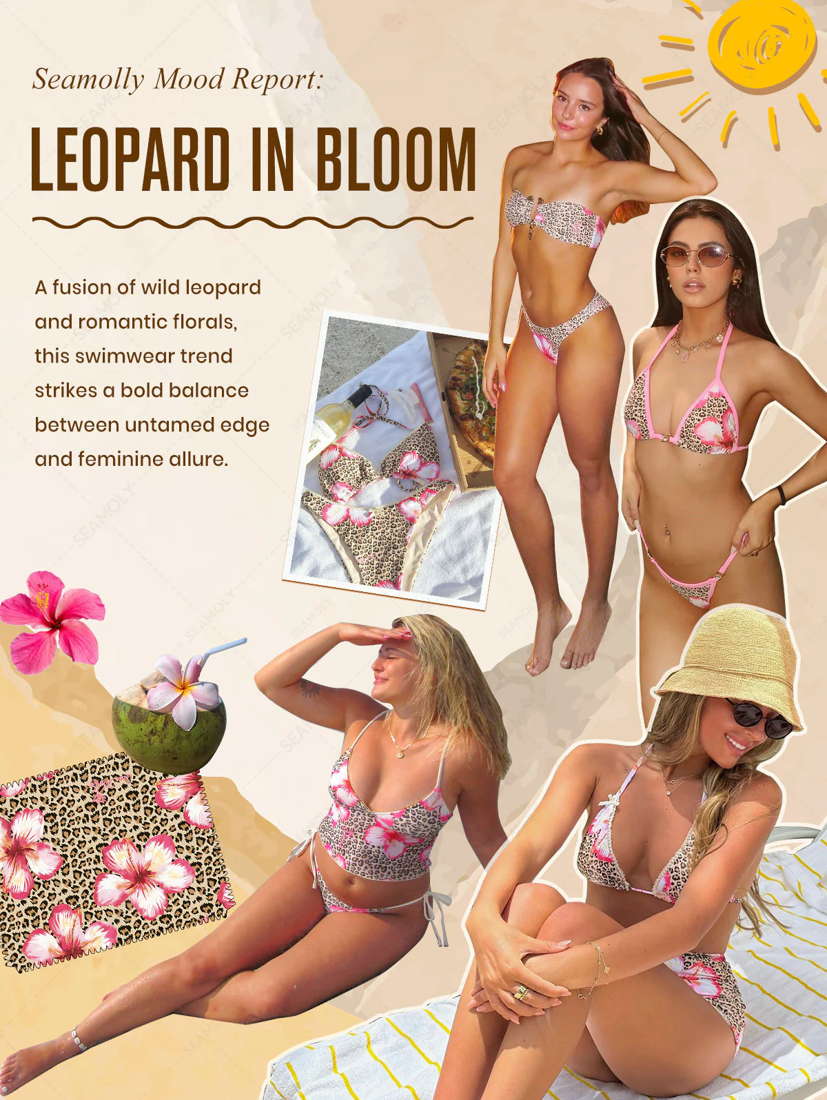 Seamolly Leopard Hawaii Style Floral Print Bandeau Top & Cheeky Brazilian Bikini Set - Image 5