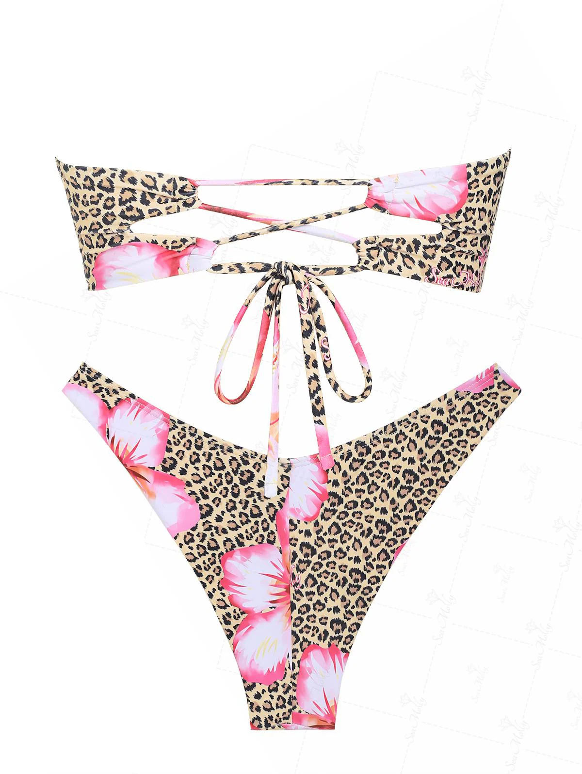 Seamolly Leopard Hawaii Style Floral Print Bandeau Top & Cheeky Brazilian Bikini Set - Image 10