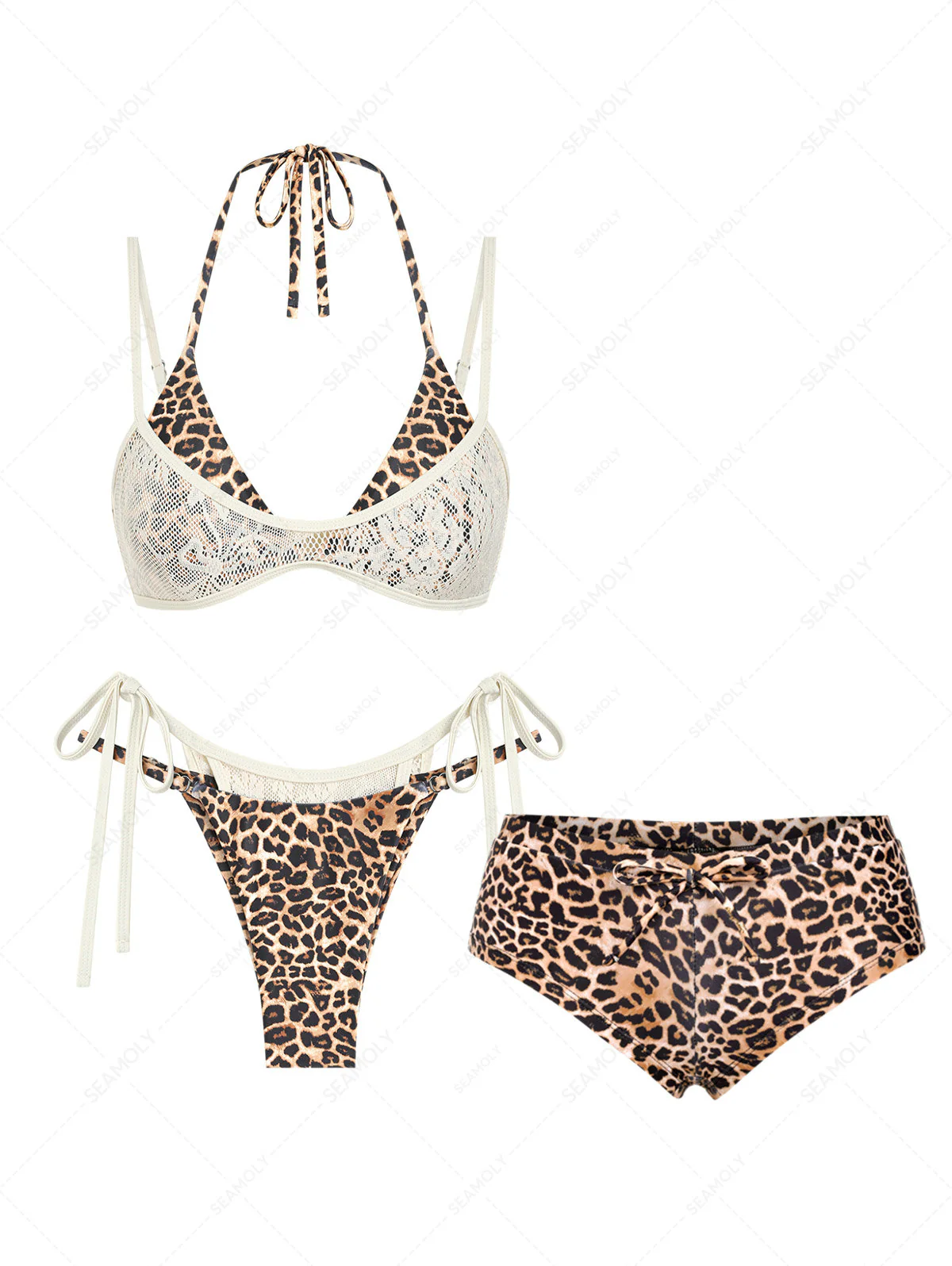 Seamolly 3 Piece Leopard Print Contrast Lace Double Layer Cheeky Boyshort Bikini Set