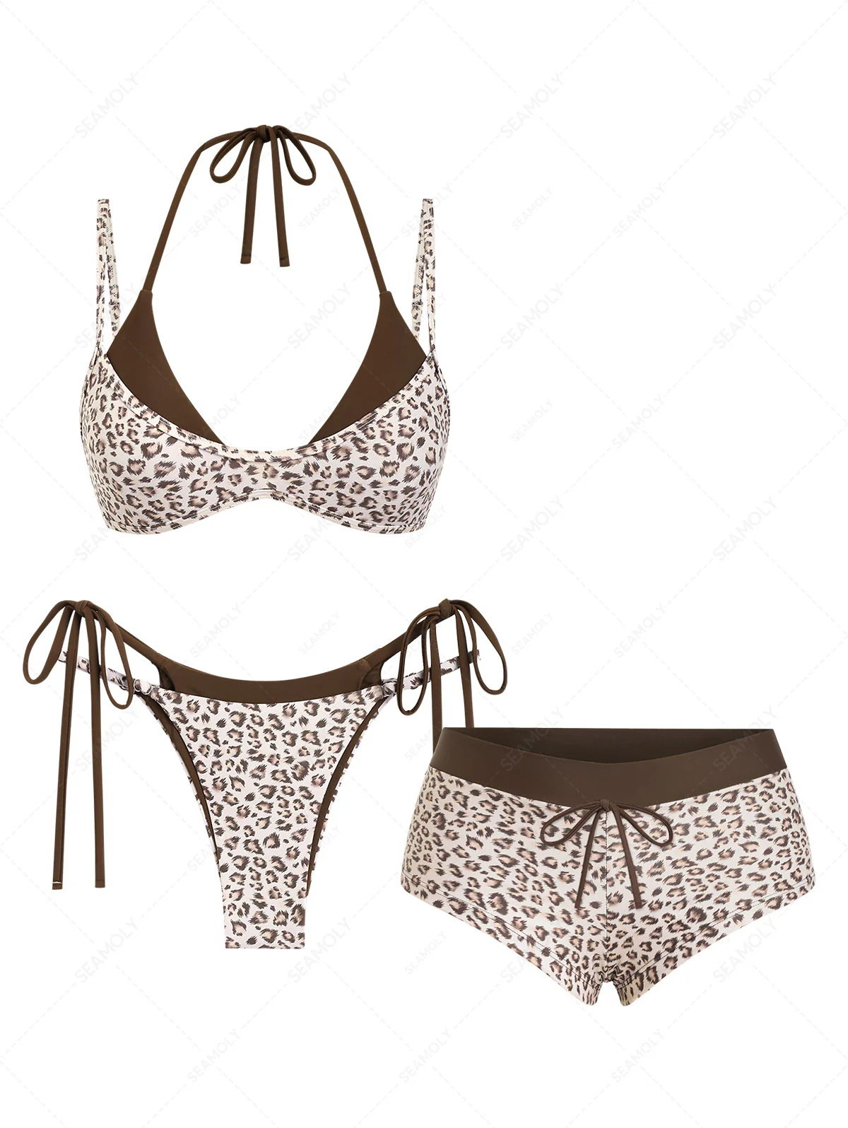 Seamolly 3-teiliges Bikini-Set mit Leopardenmuster, doppellagig, frech geschnitten, kurze Shorts