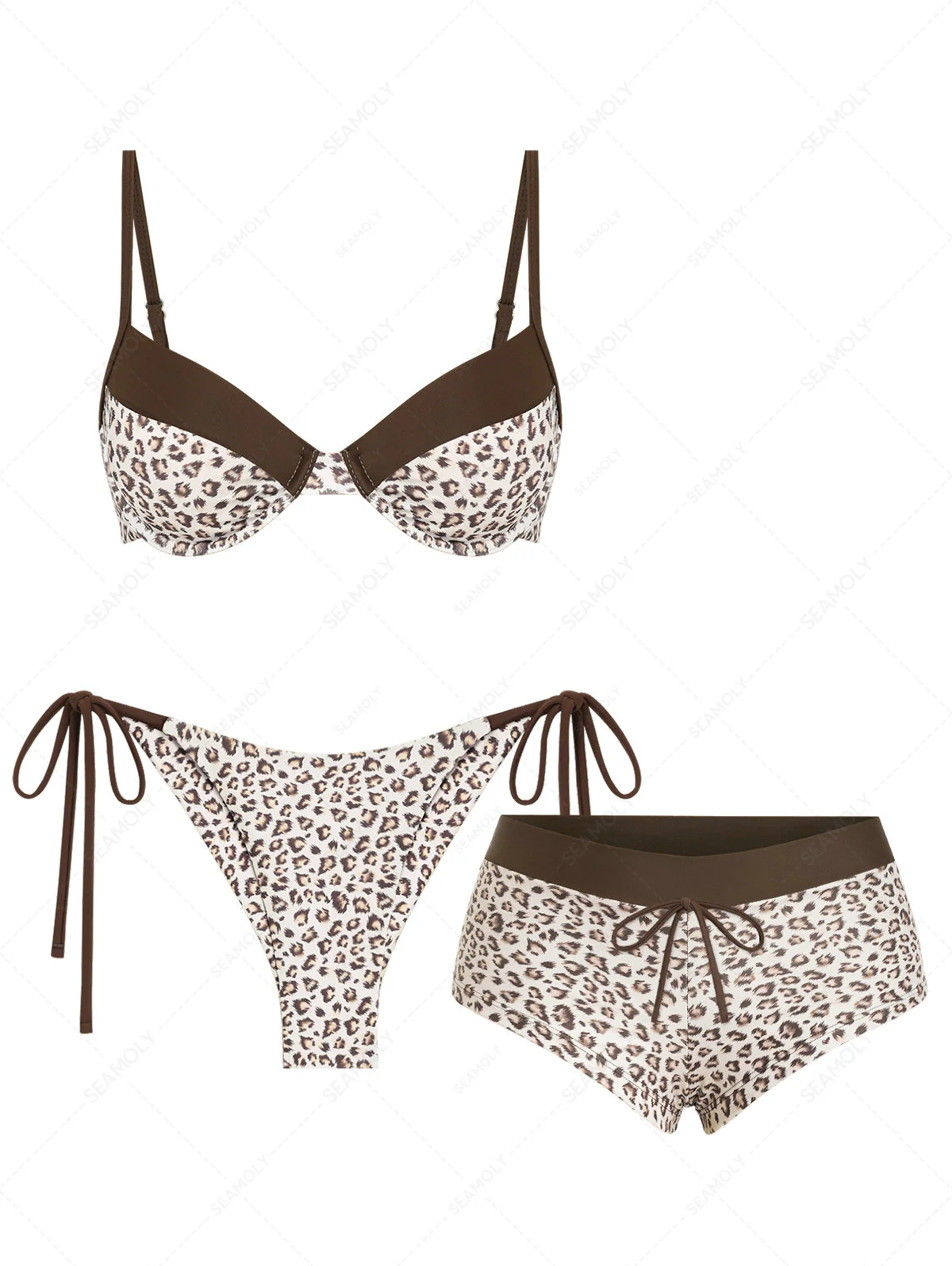Seamolly 3-teiliges Bikini-Set mit Leopardenmuster, Bügeln und frechem Schnitt (Boyshorts)