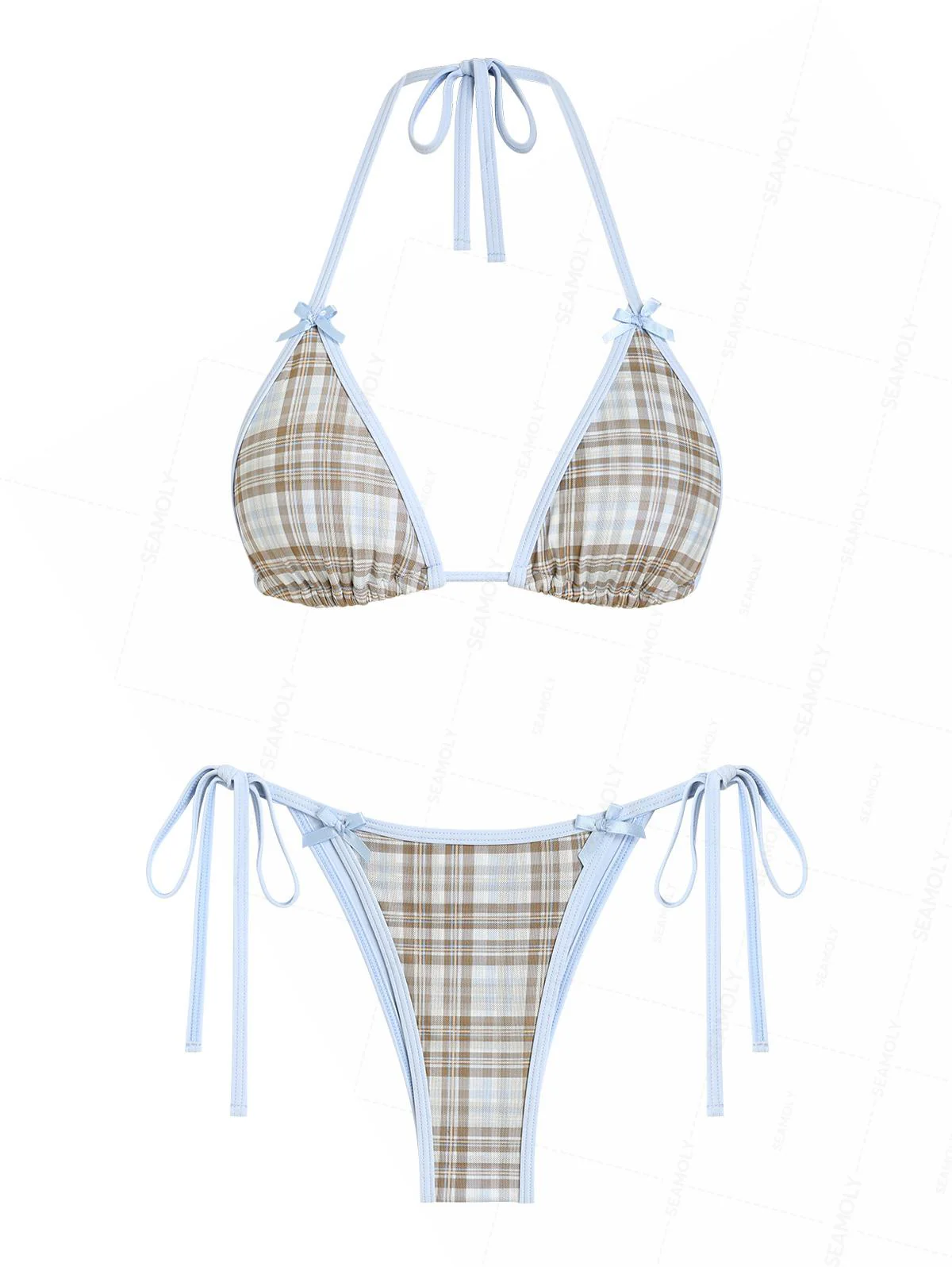 Seamolly 3-teiliges Bikini-Set mit kontrastfarbenem Einfassband, Karomuster, Schleife, Triangel-Ausschnitt und frechem Schnitt - Image 2