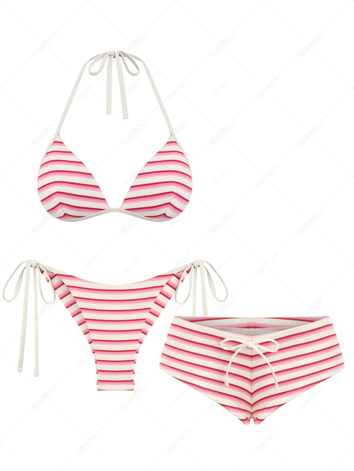 Seamolly 3-teiliges gestreiftes Triangel-Push-Up-Bikini-Set im brasilianischen Cheeky-Stil