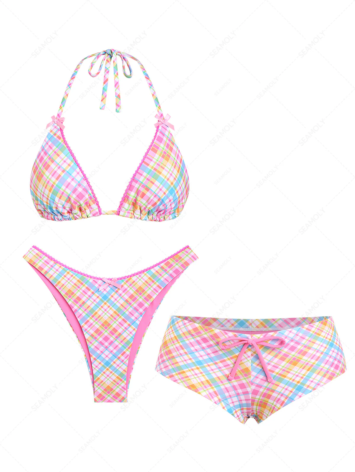 Seamolly 3-teiliges Bikini-Set mit Karomuster, Spitze, Schleife, Neckholder, Triangel-Ausschnitt und frechen Boyshorts