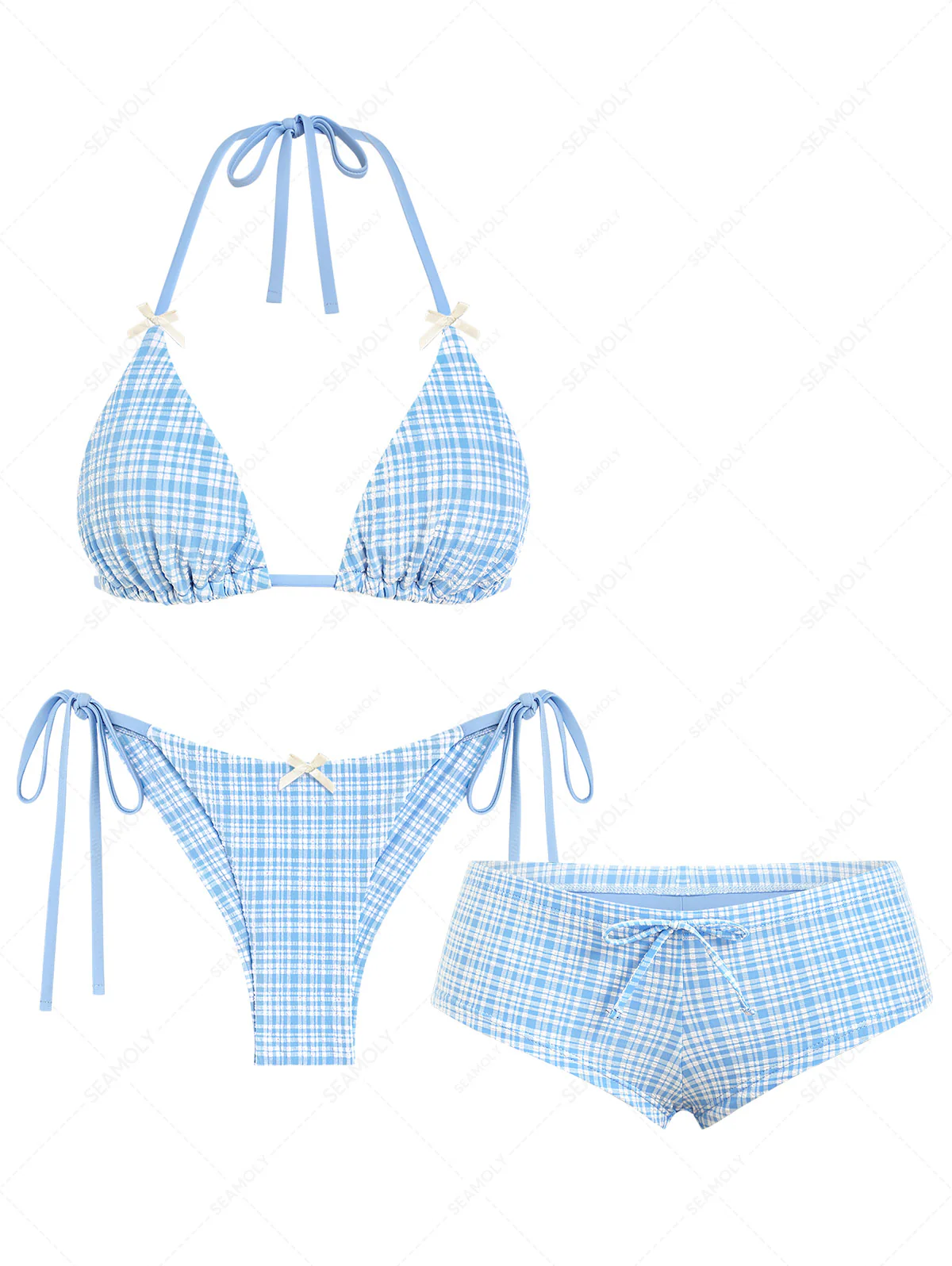 Seamolly 3-teiliges kariertes, strukturiertes Triangel-Bikini-Set mit Schleife und frechem Schnitt