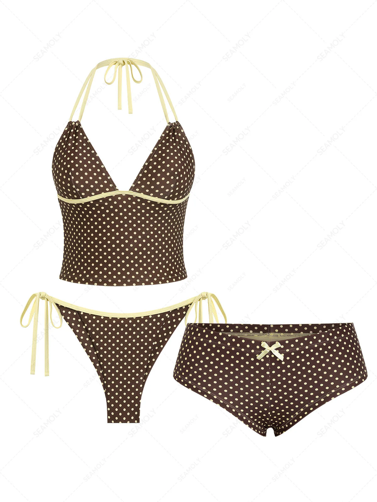 Seamolly 3-teiliges Tankini-Set mit Polka-Dot-Halter-String und frechem Schnitt (Boyshort-Stil)