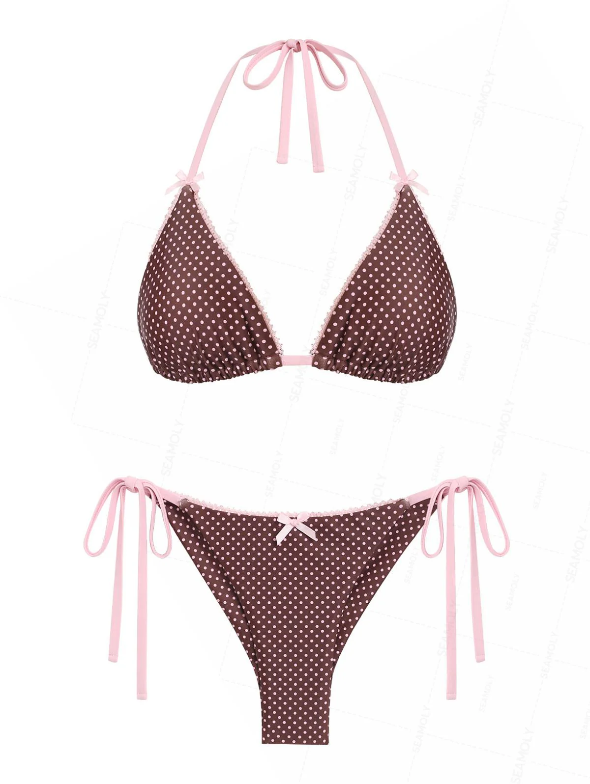 Seamolly 3-teiliges Triangel-Bikini-Set mit Polka-Dots, Spitze und Schleife, brasilianischem Cheeky-Boyshort-Stil - Image 2
