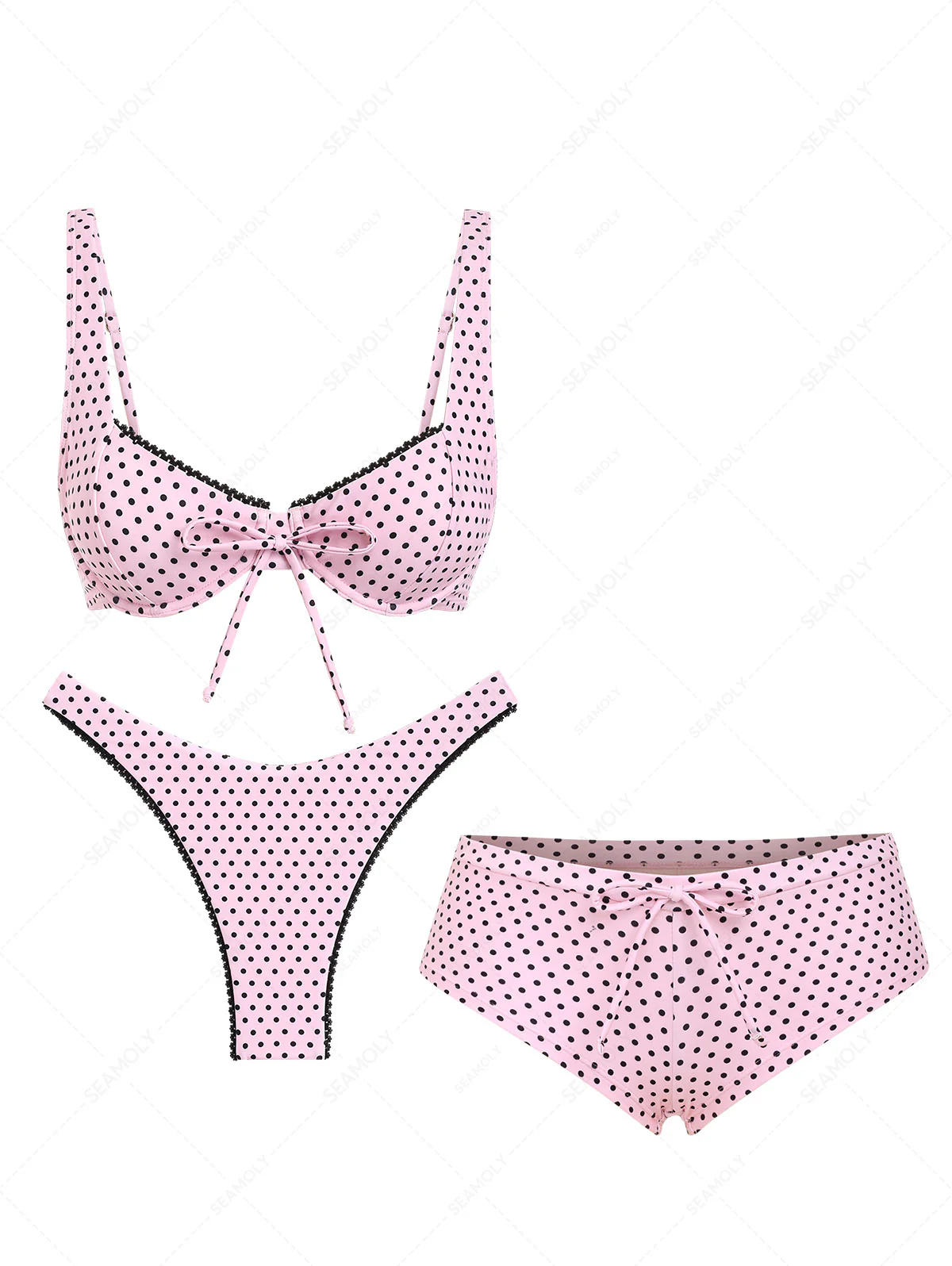 Seamolly 3-teiliges Bikini-Set mit Polka-Dots, Spitze, Schleife, Bügeln und frechem Schnitt