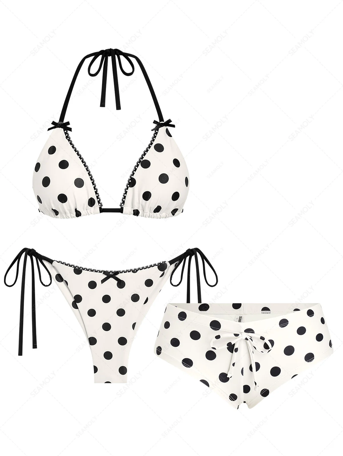 Seamolly 3-teiliges Triangel-Bikini-Set mit Polka-Dot-Picot-Besatz