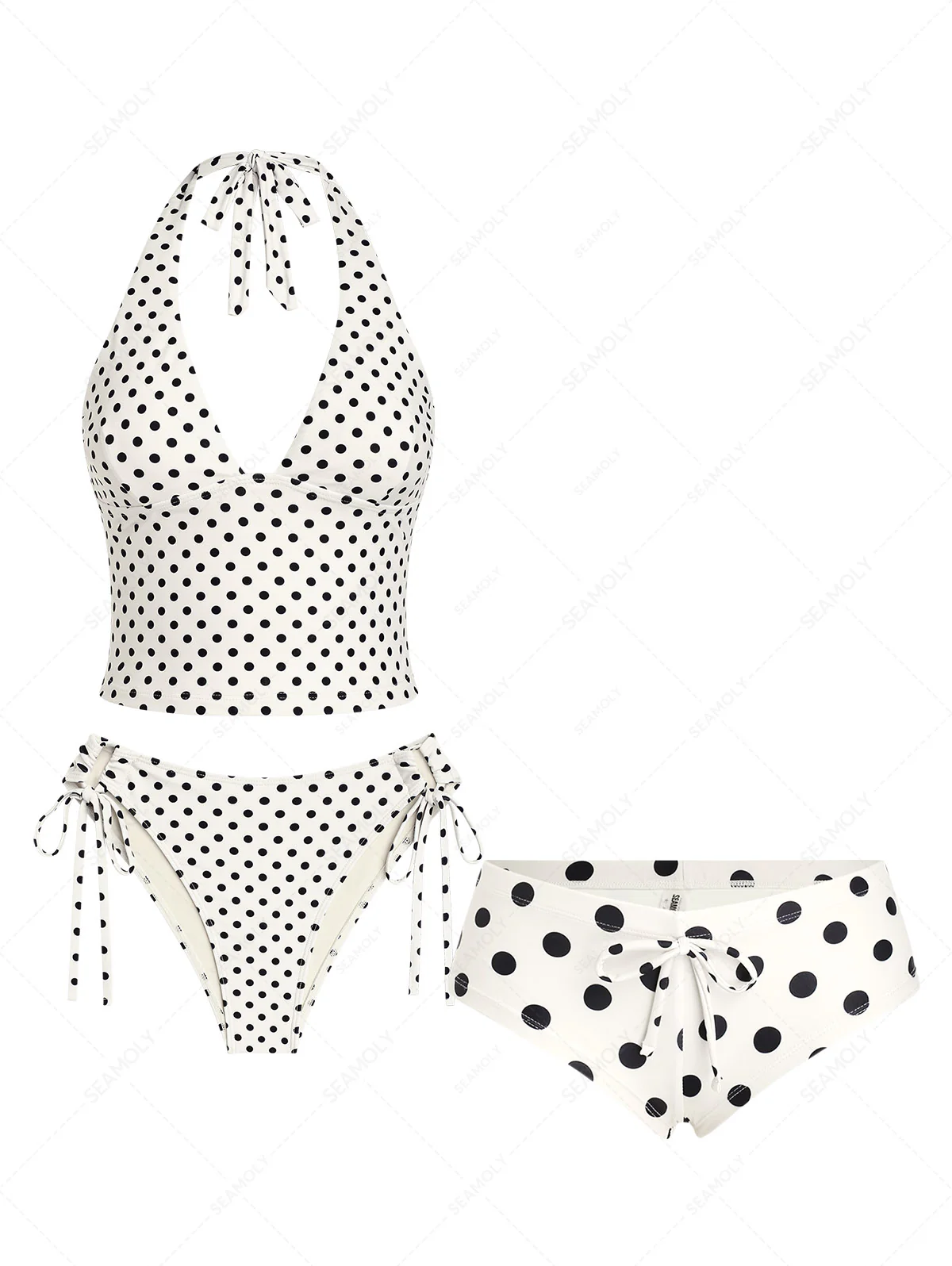 Seamolly 3-teiliges Tankini-Set mit Polka-Dots, tiefem Ausschnitt, Neckholder und frechem Boyshort-Schnitt