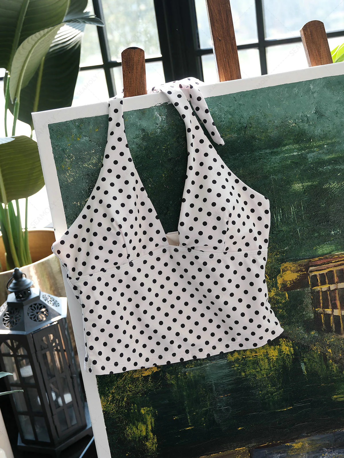 Seamolly Retro Pin-Up Vintage Polka Dot Print Tankini-Set mit tiefem Ausschnitt und Neckholder-Schnürung - Image 8