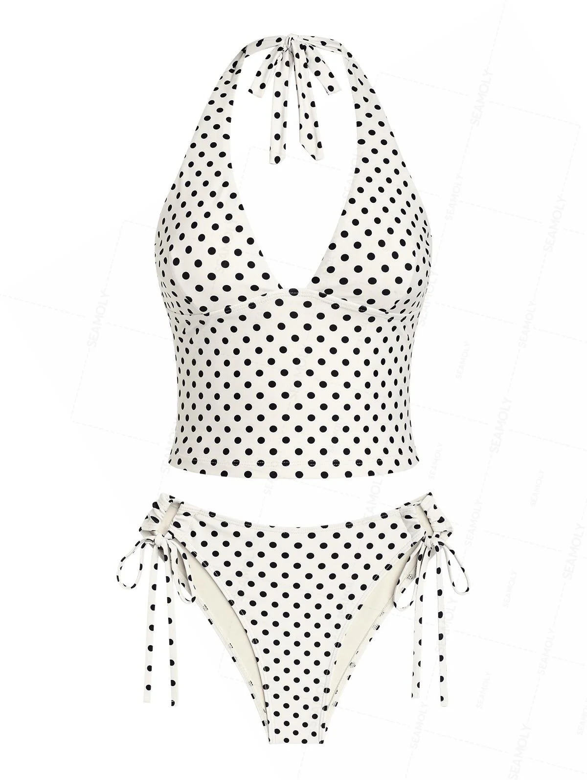 Seamolly Retro Pin-Up Vintage Polka Dot Print Tankini-Set mit tiefem Ausschnitt und Neckholder-Schnürung - Image 2