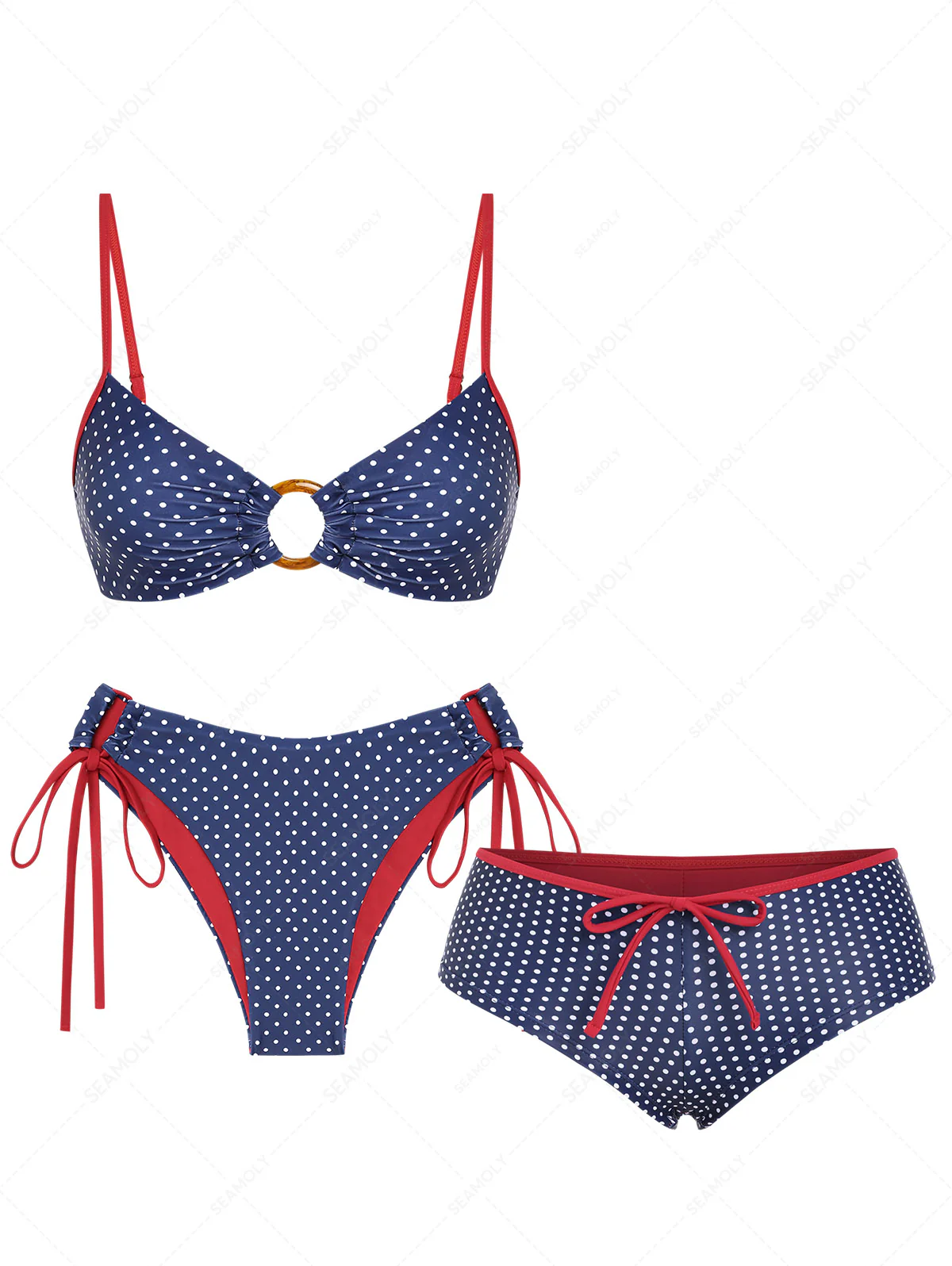Seamolly 3-teiliges Bikini-Set mit Polka-Dot-Print, frechem O-Ring und kurzen Shorts für den 4. Juli