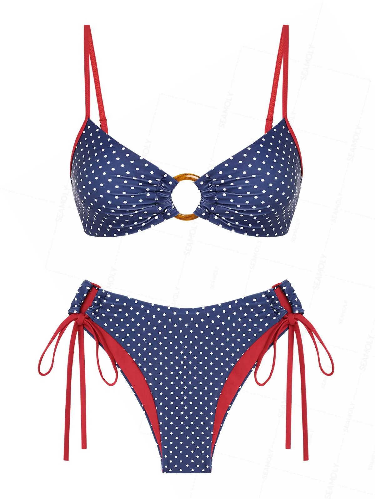 Seamolly 3-teiliges Bikini-Set mit Polka-Dot-Print, frechem O-Ring und kurzen Shorts für den 4. Juli - Image 2
