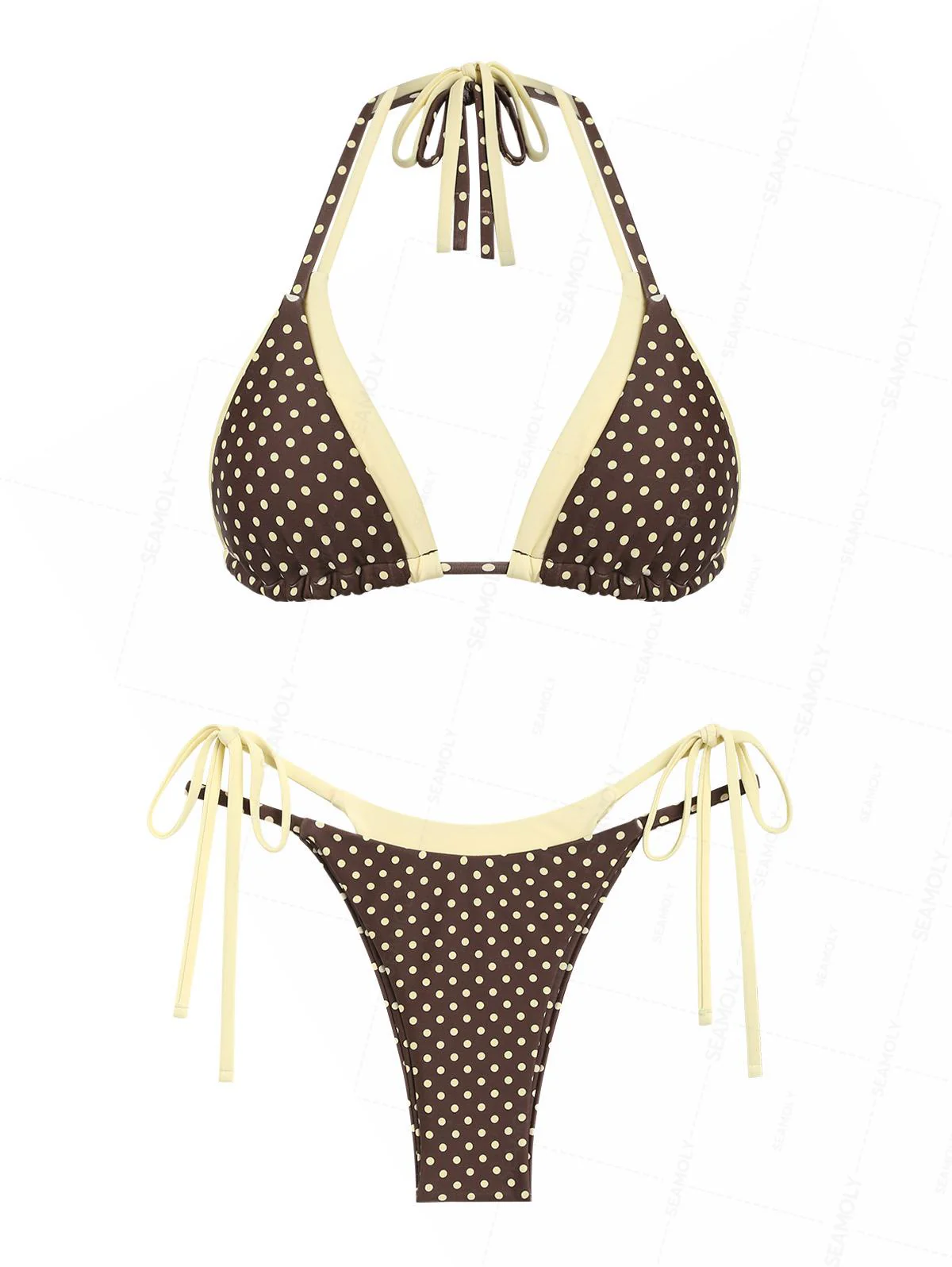 Seamolly Contrast Color Polka Dot Print Tie Side Double Layer Bikini Set