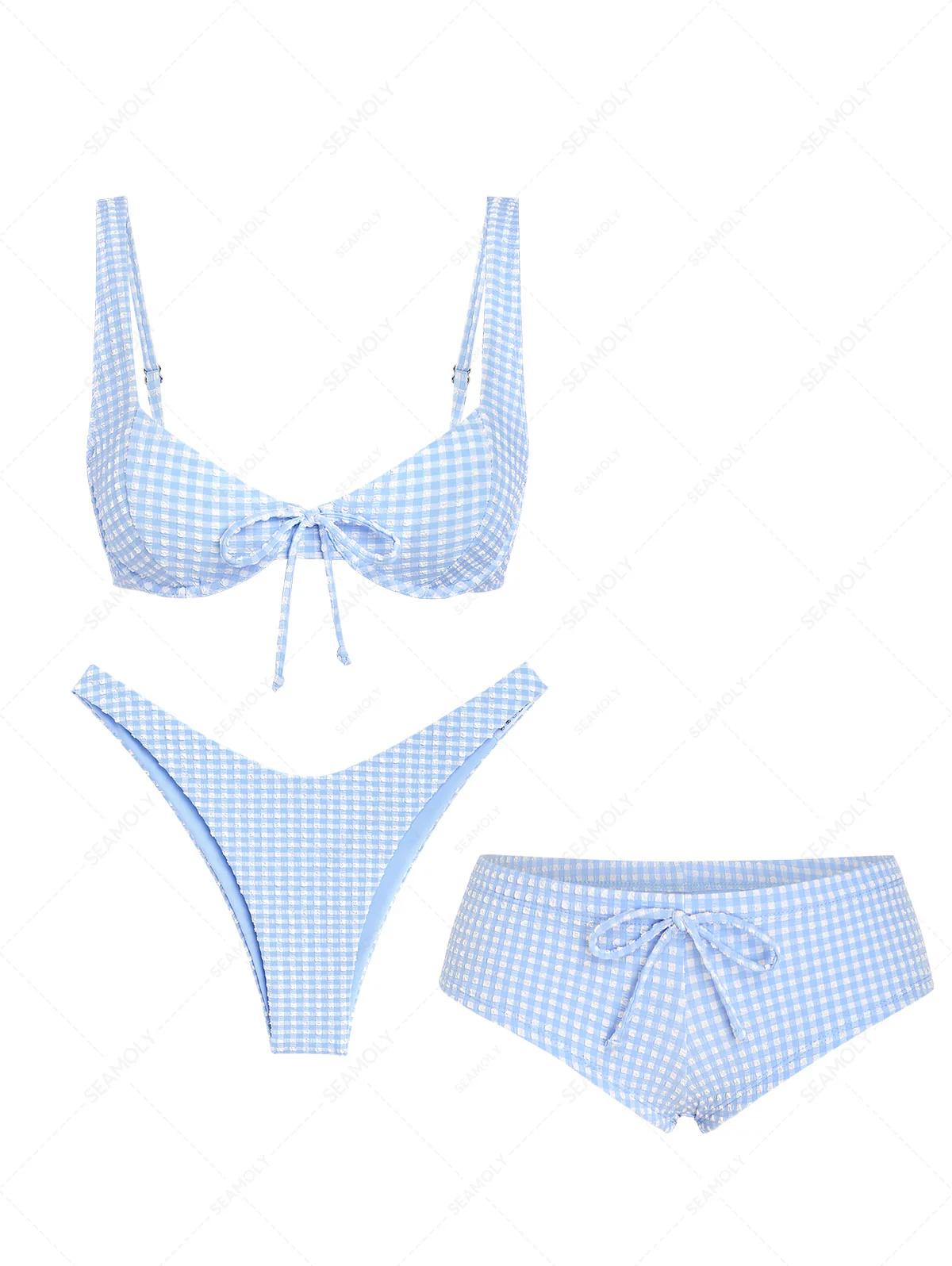 Seamolly 3-teiliges Bikini-Set mit Vichy-Karo, strukturierter Oberfläche, Schleife, Bügeln und frechem Schnitt.