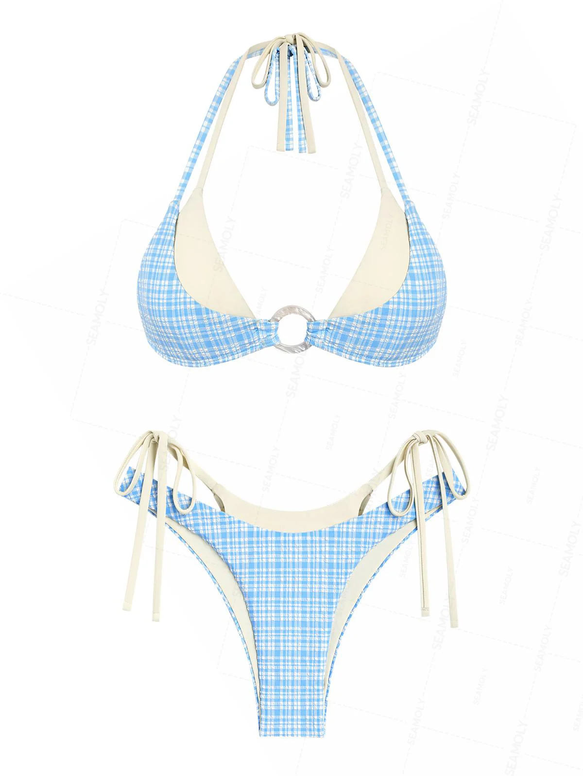 Seamolly 3-teiliges Bikini-Set mit kariertem, strukturiertem O-Ring-Design, doppellagig, frech geschnitten, Boyshorts - Image 2
