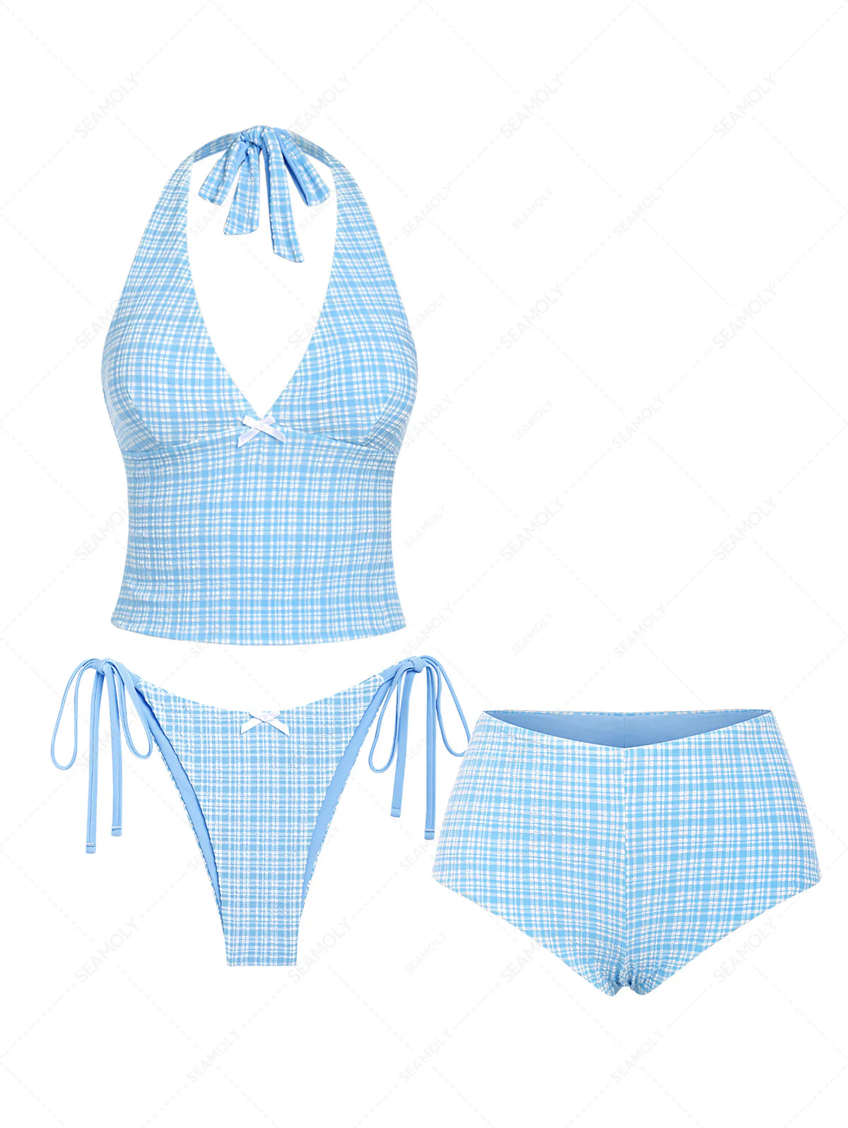 Seamolly 3 Piece Retro Pin-Up Vintage Gingham Halter Cheeky Boyshort Tankini Set